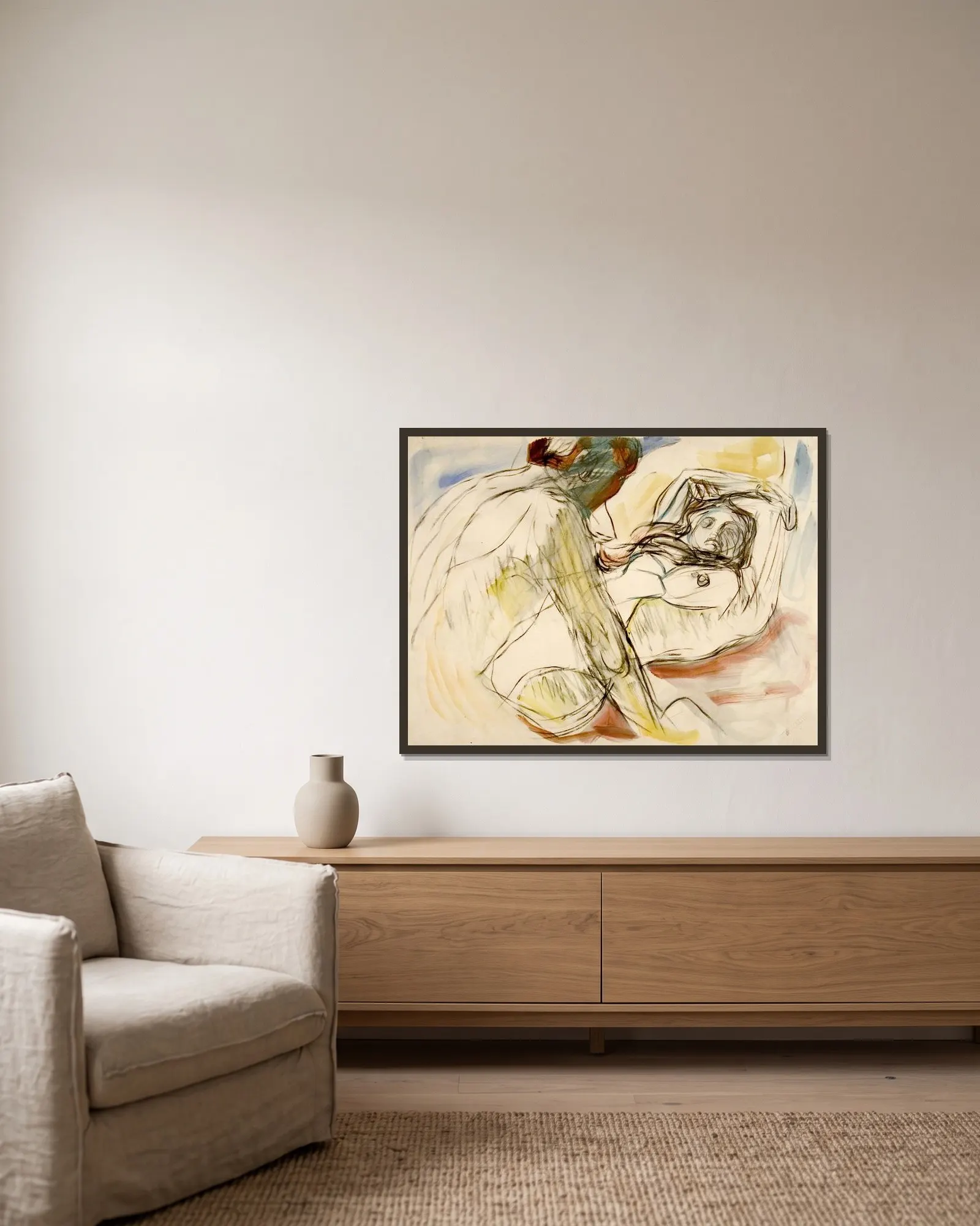 Mann og kvinne av Edvard Munch inramad på en vägg