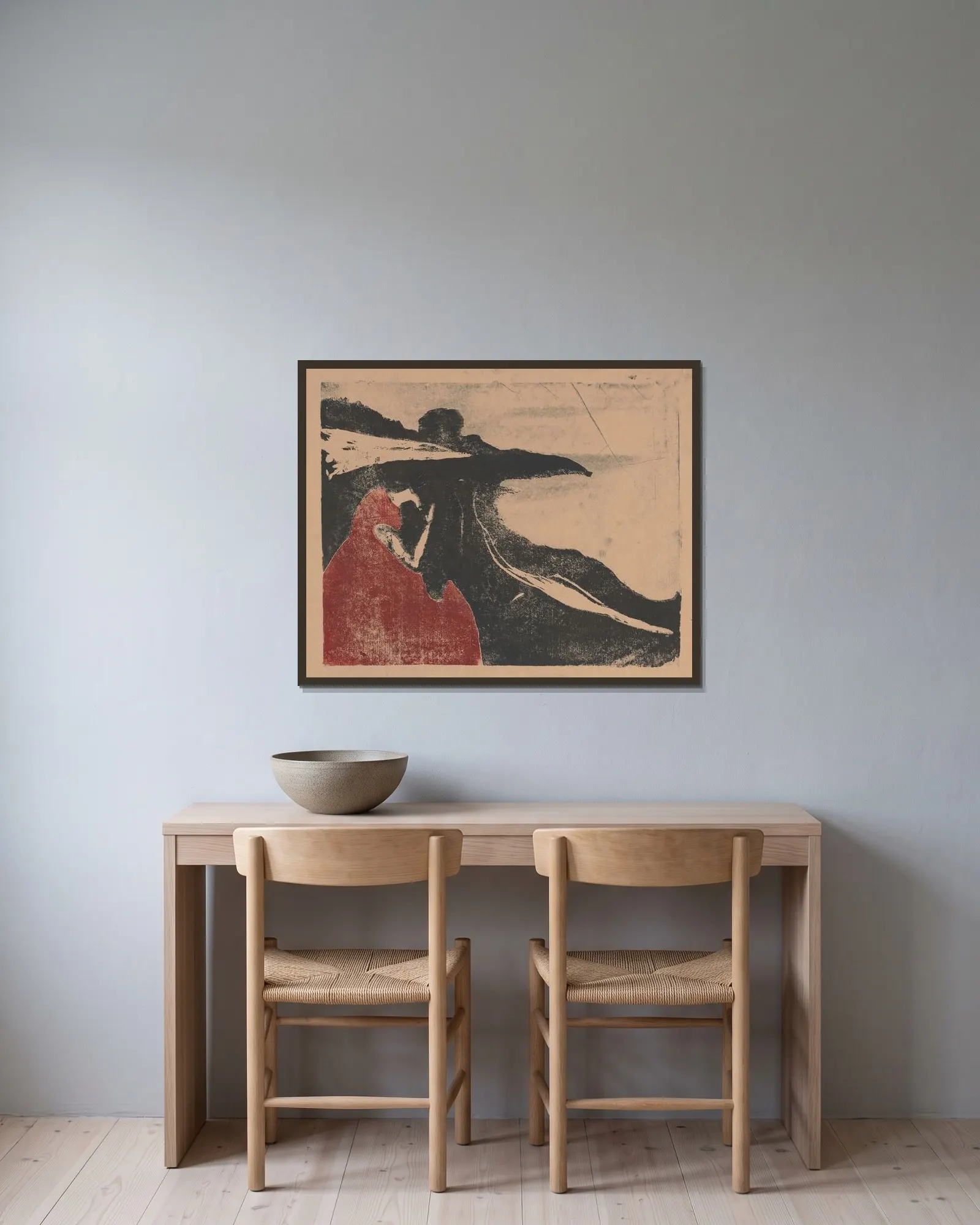 Melancholy II av Edvard Munch inramad på en vägg