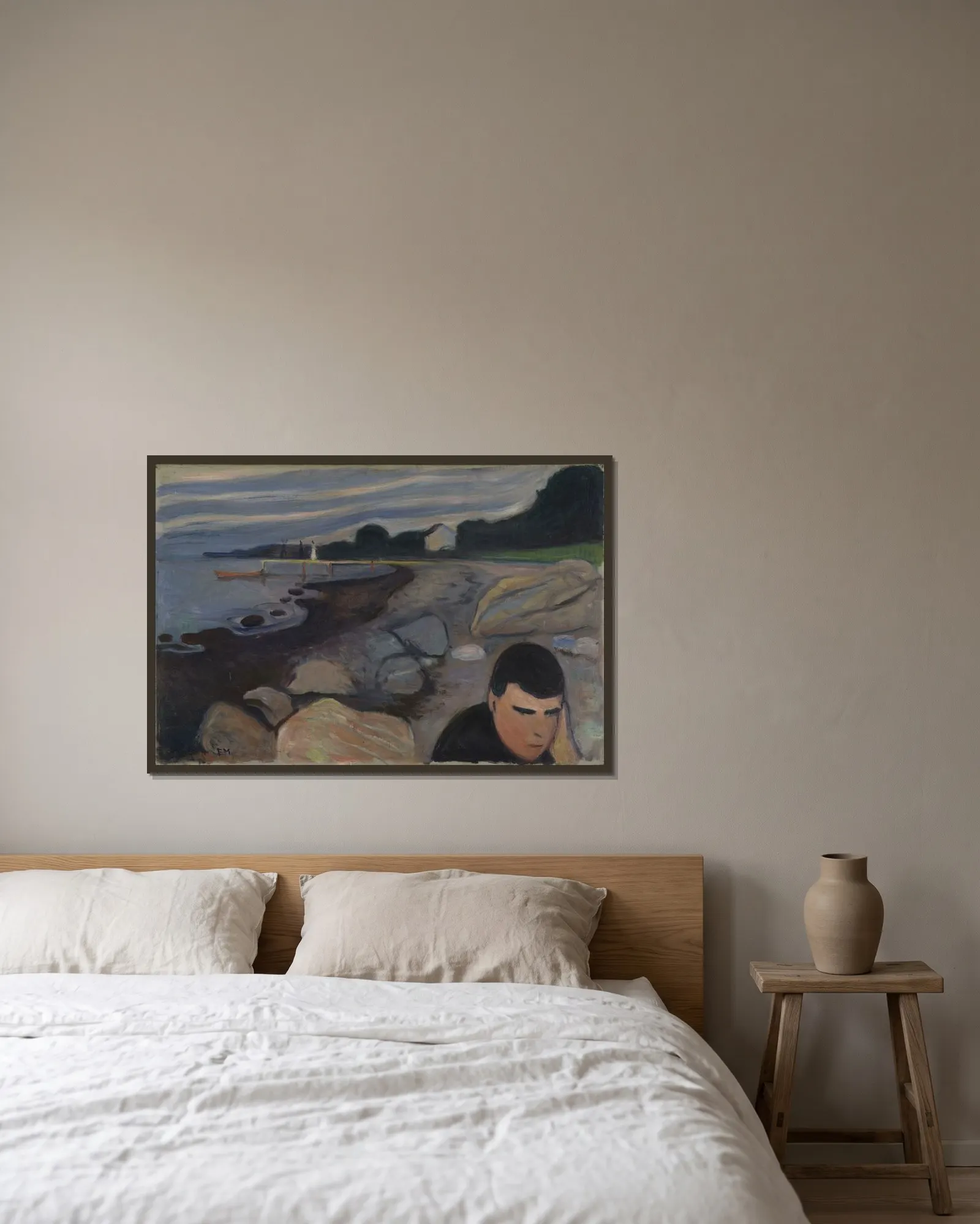 Melancholy av Edvard Munch inramad på en vägg
