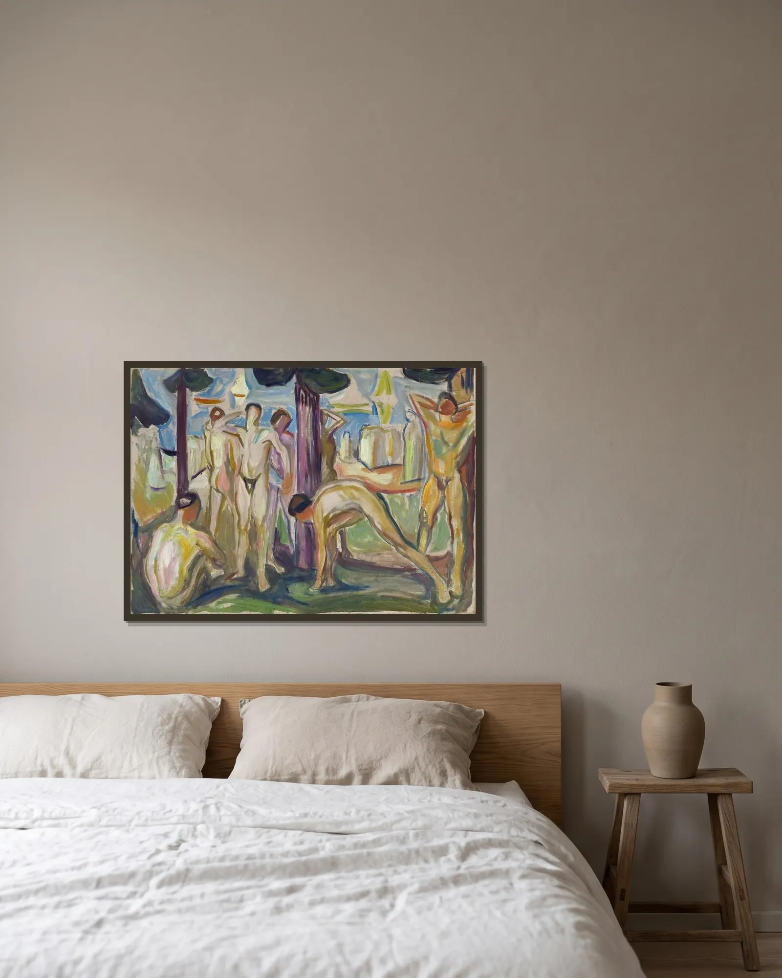 Naked Men in Landscape av Edvard Munch inramad på en vägg