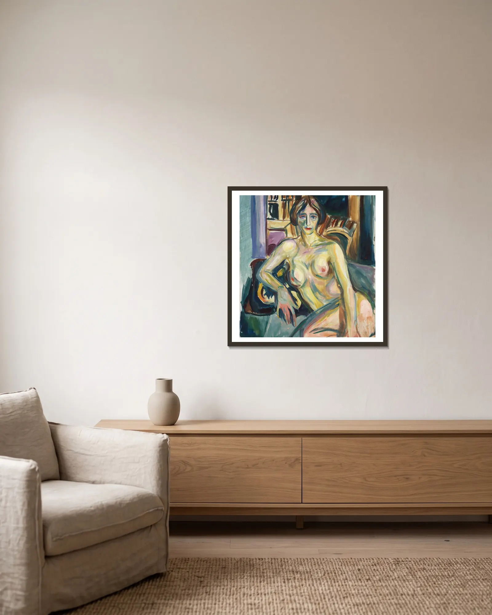 Nude, Sitting on the Couch av Edvard Munch inramad på en vägg