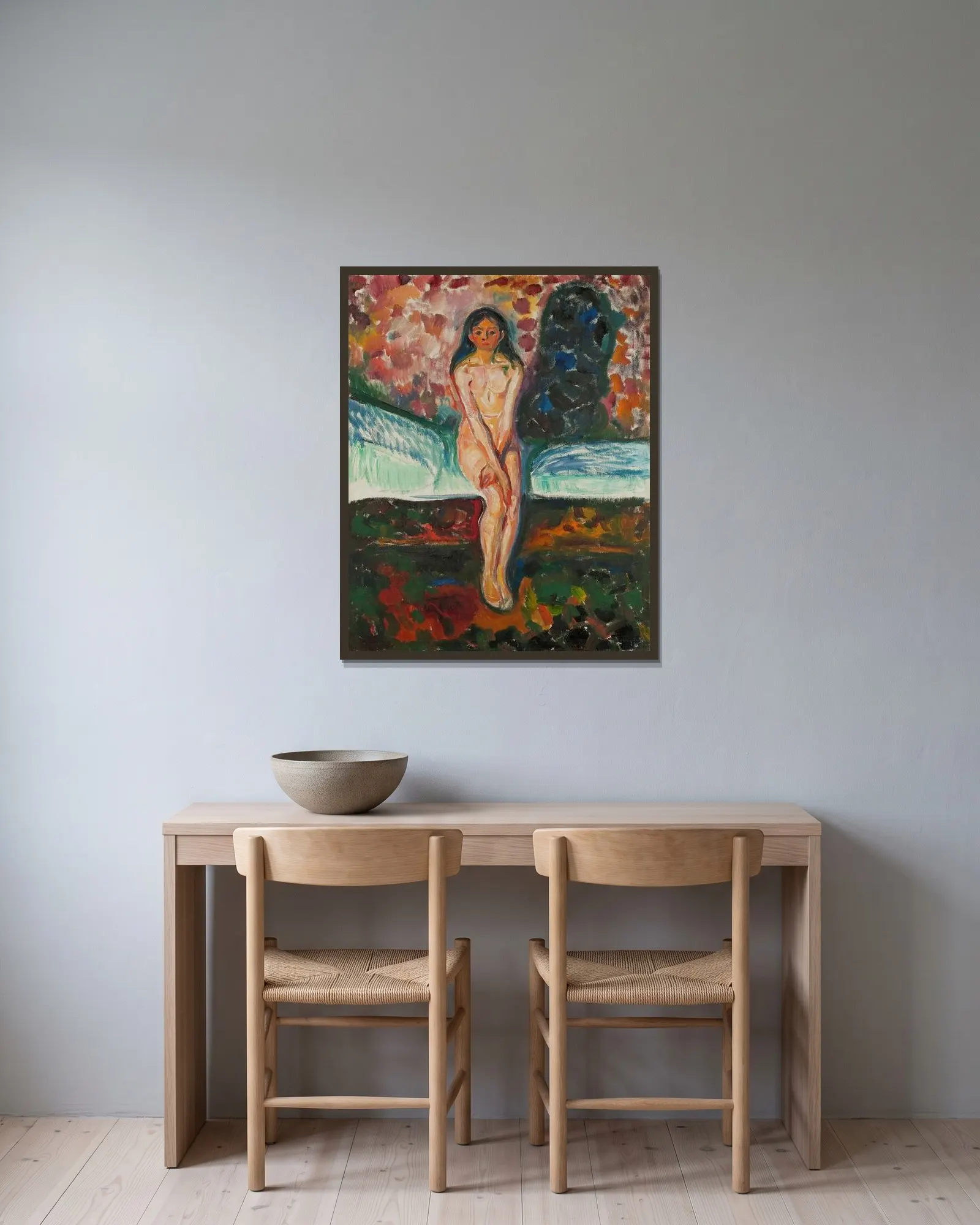 Puberty, 1914 av Edvard Munch inramad på en vägg