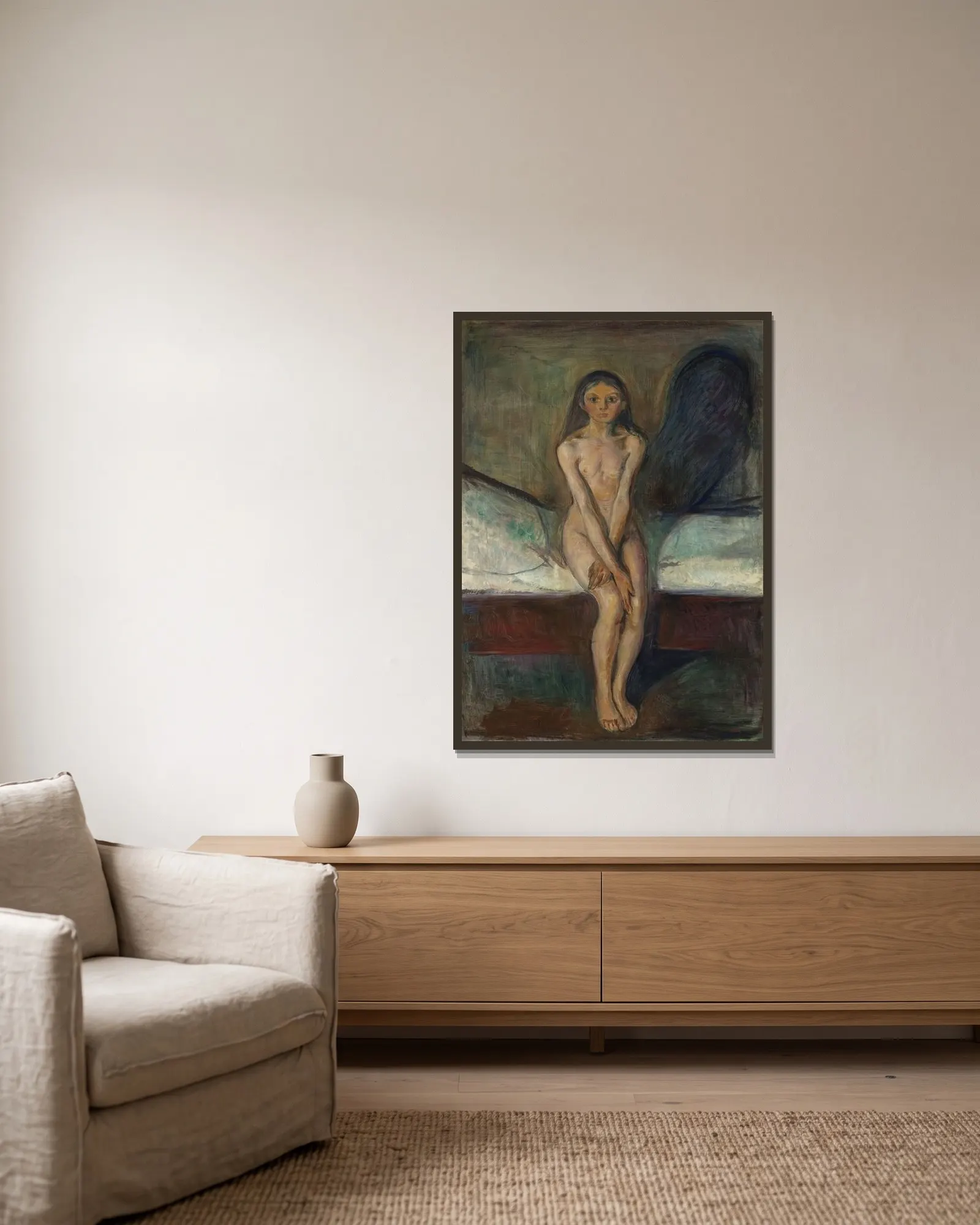 Puberty av Edvard Munch inramad på en vägg
