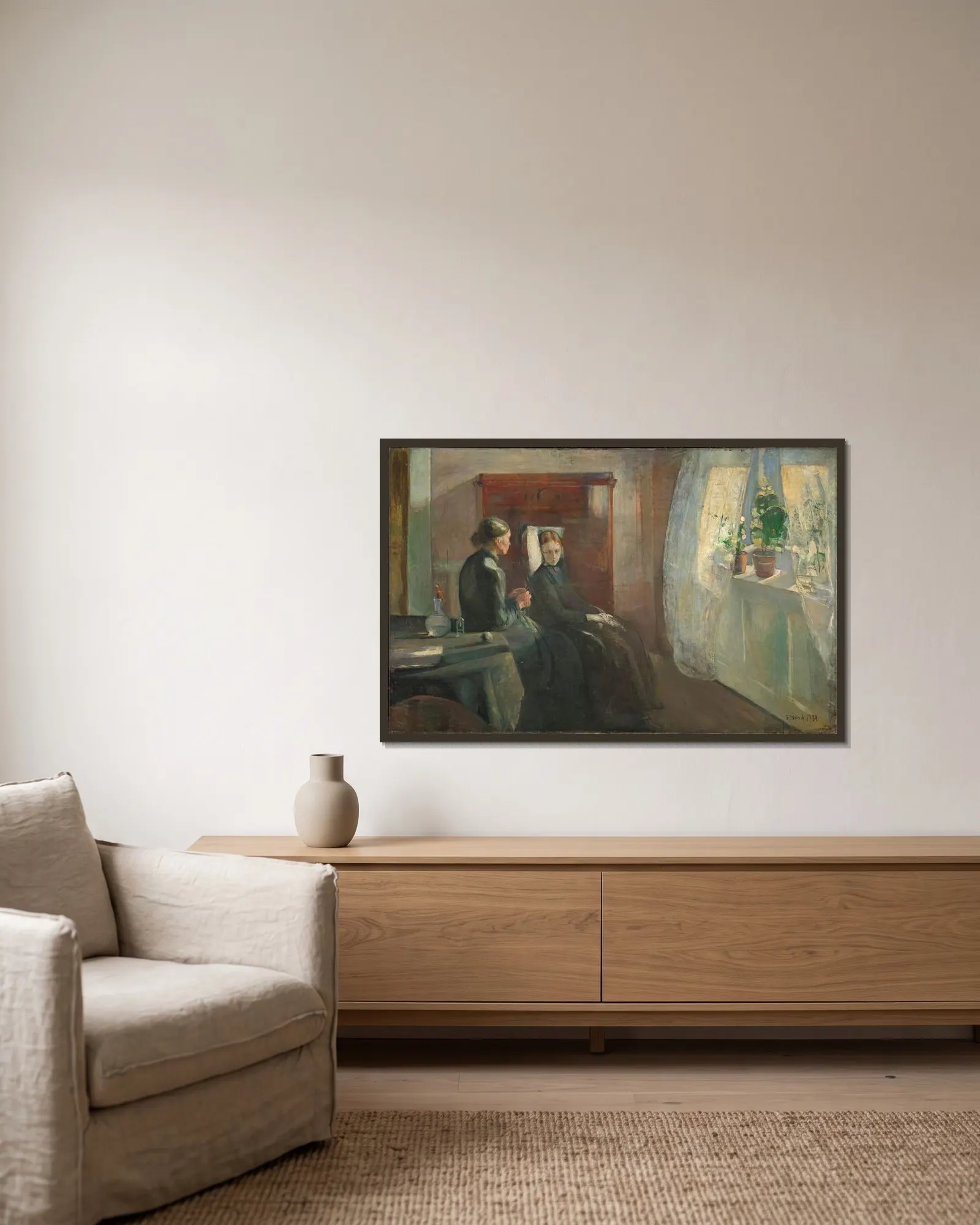 Spring av Edvard Munch inramad på en vägg