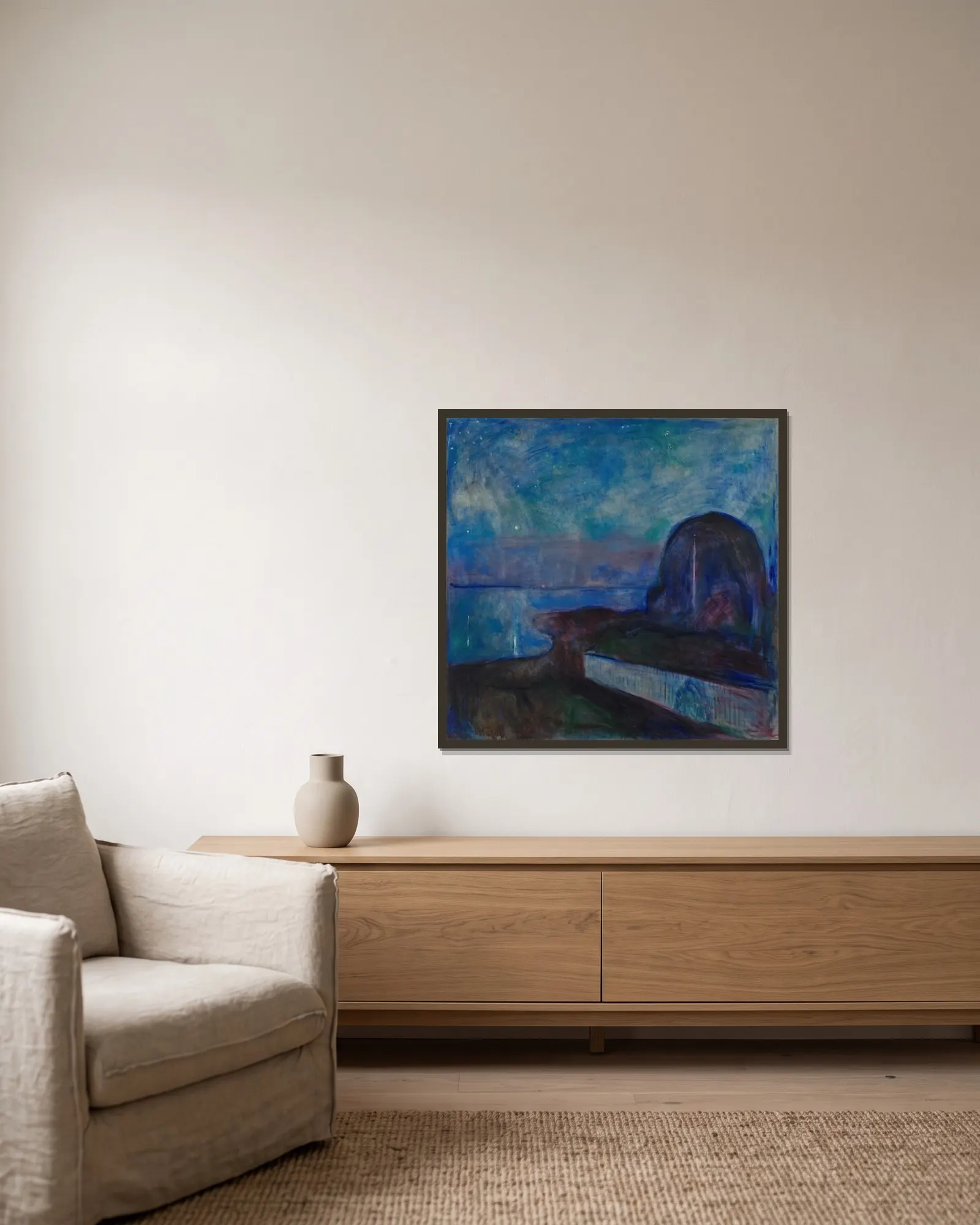 Starry Night av Edvard Munch inramad på en vägg