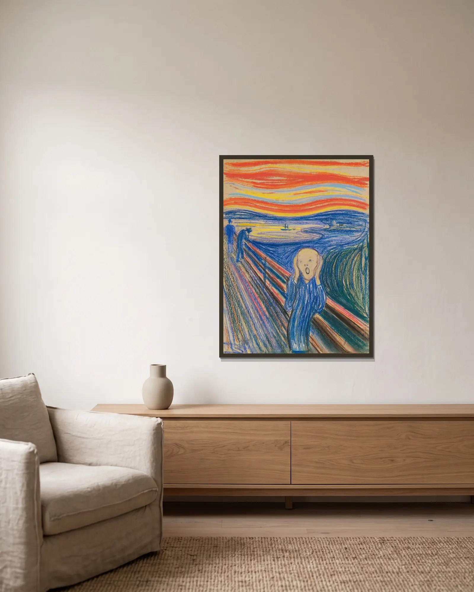 The Scream av Edvard Munch inramad på en vägg