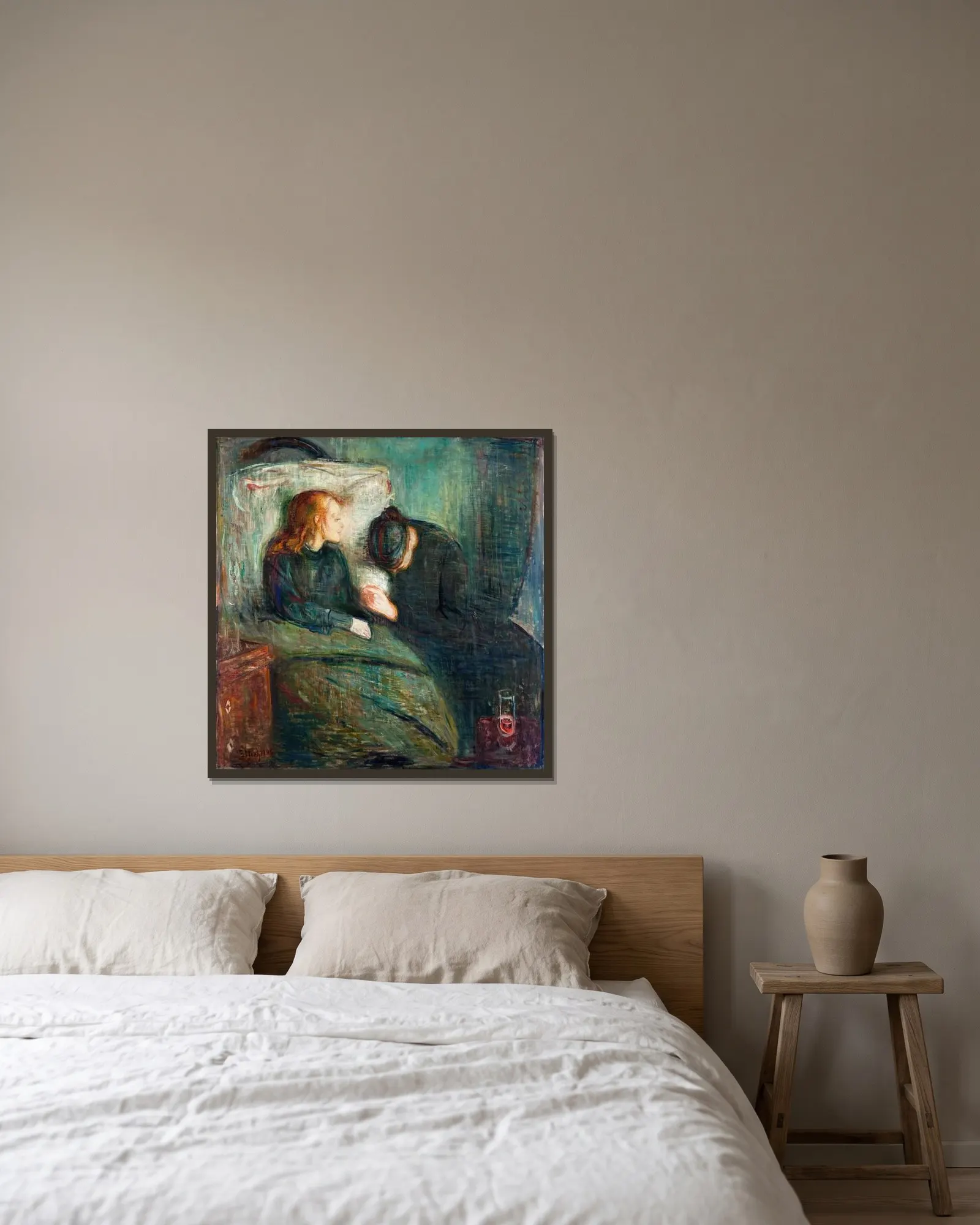 The Sick Girl av Edvard Munch inramad på en vägg