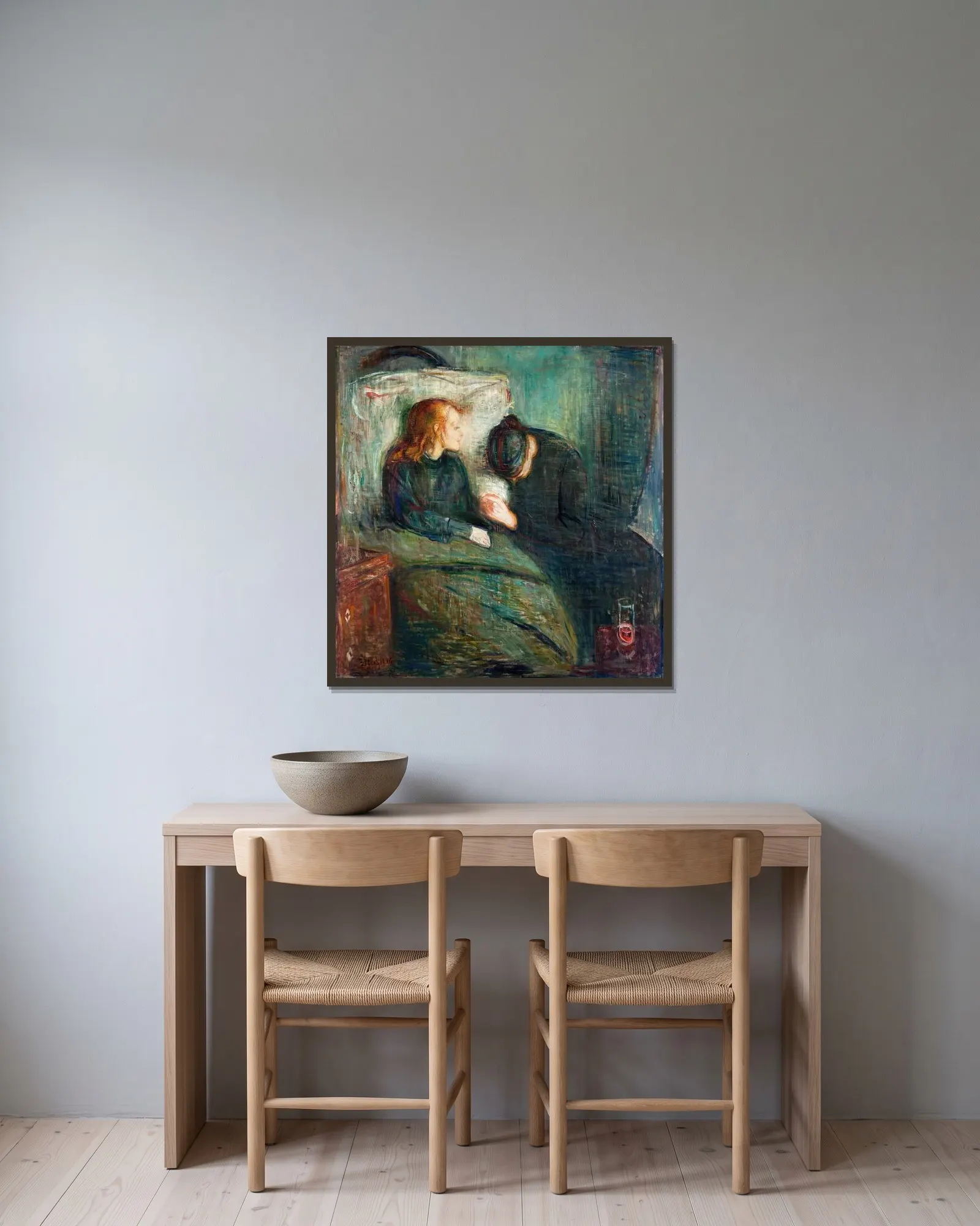 The Sick Girl av Edvard Munch inramad på en vägg