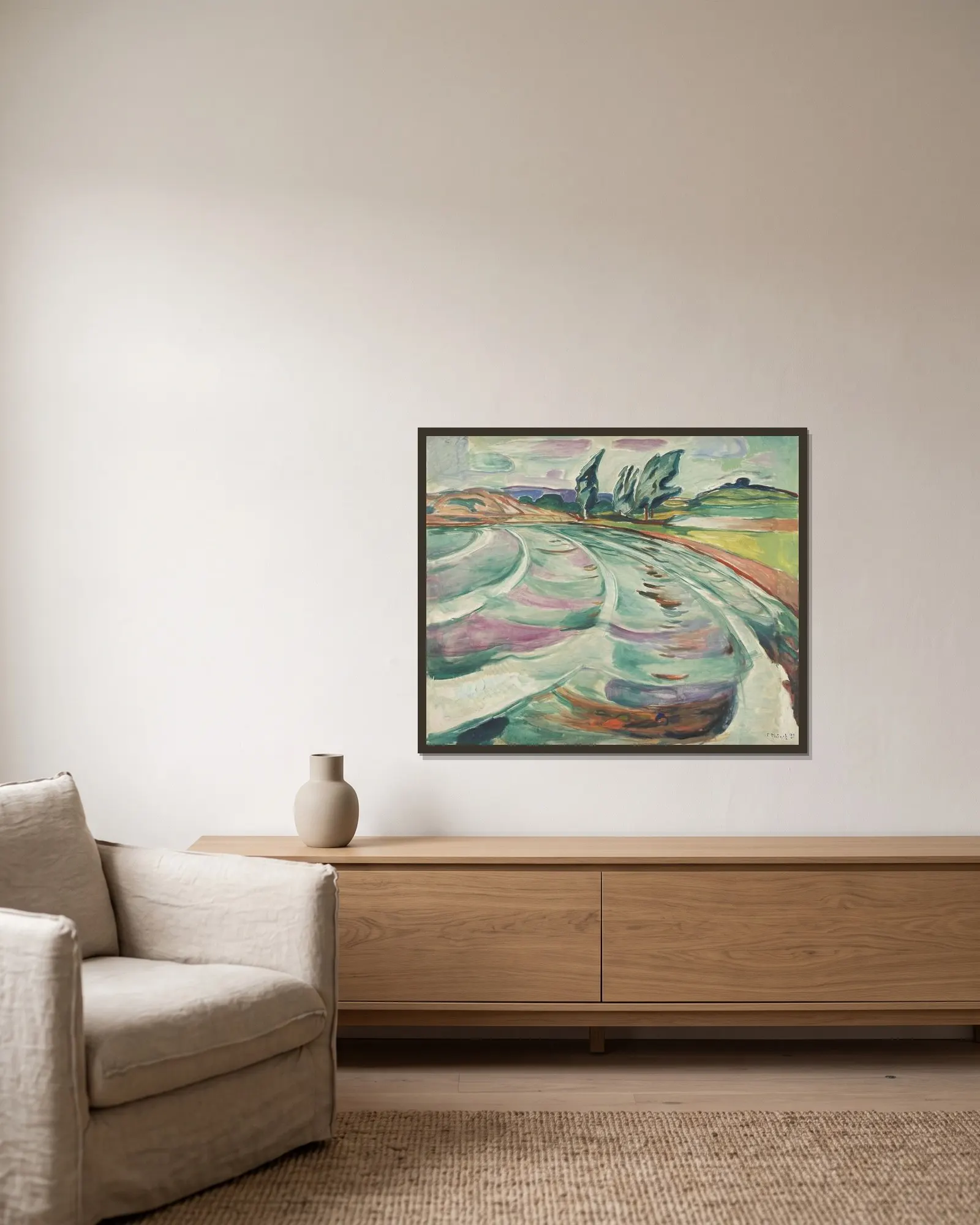 The Wave av Edvard Munch inramad på en vägg