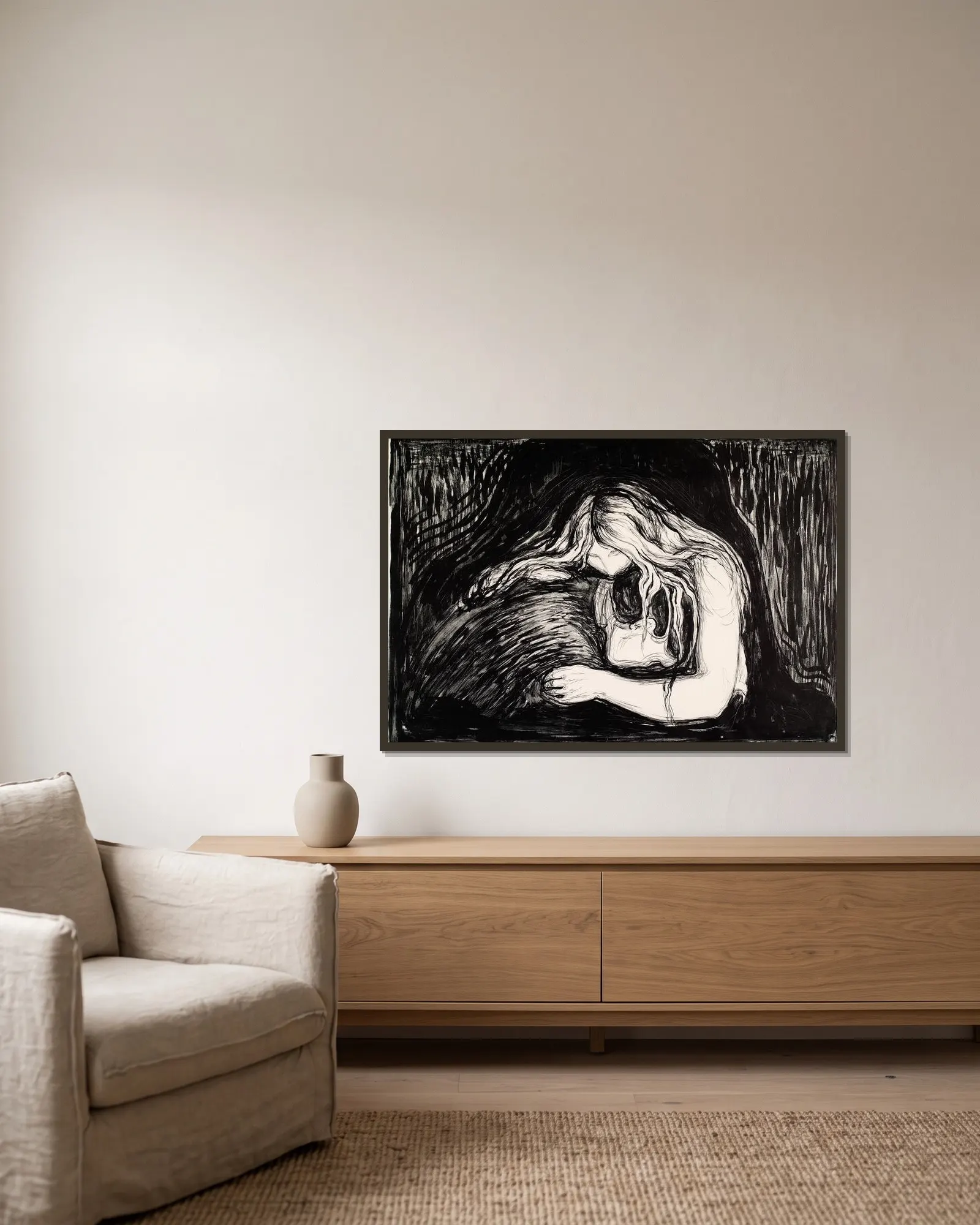 Vampire I av Edvard Munch inramad på en vägg