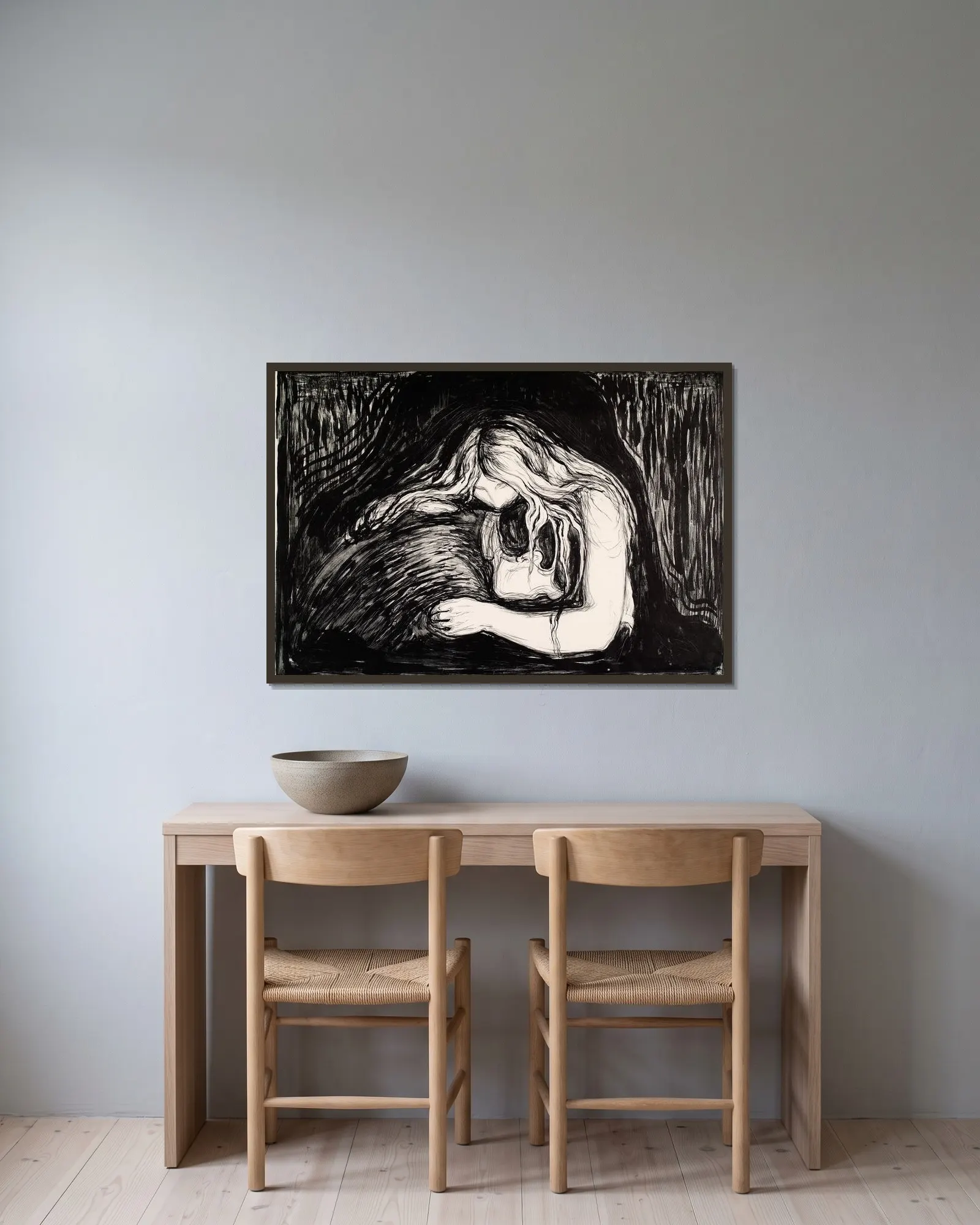 Vampire I av Edvard Munch inramad på en vägg
