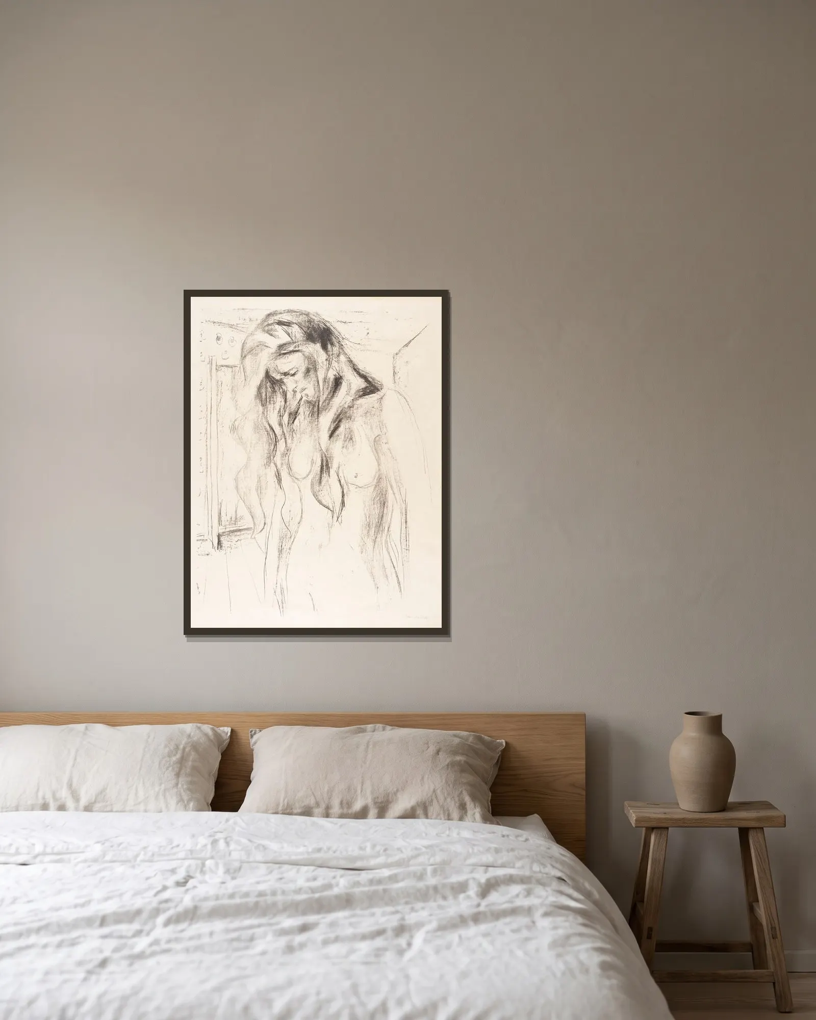 Weinende junge Frau (Gråtende ung kvinne) av Edvard Munch inramad på en vägg