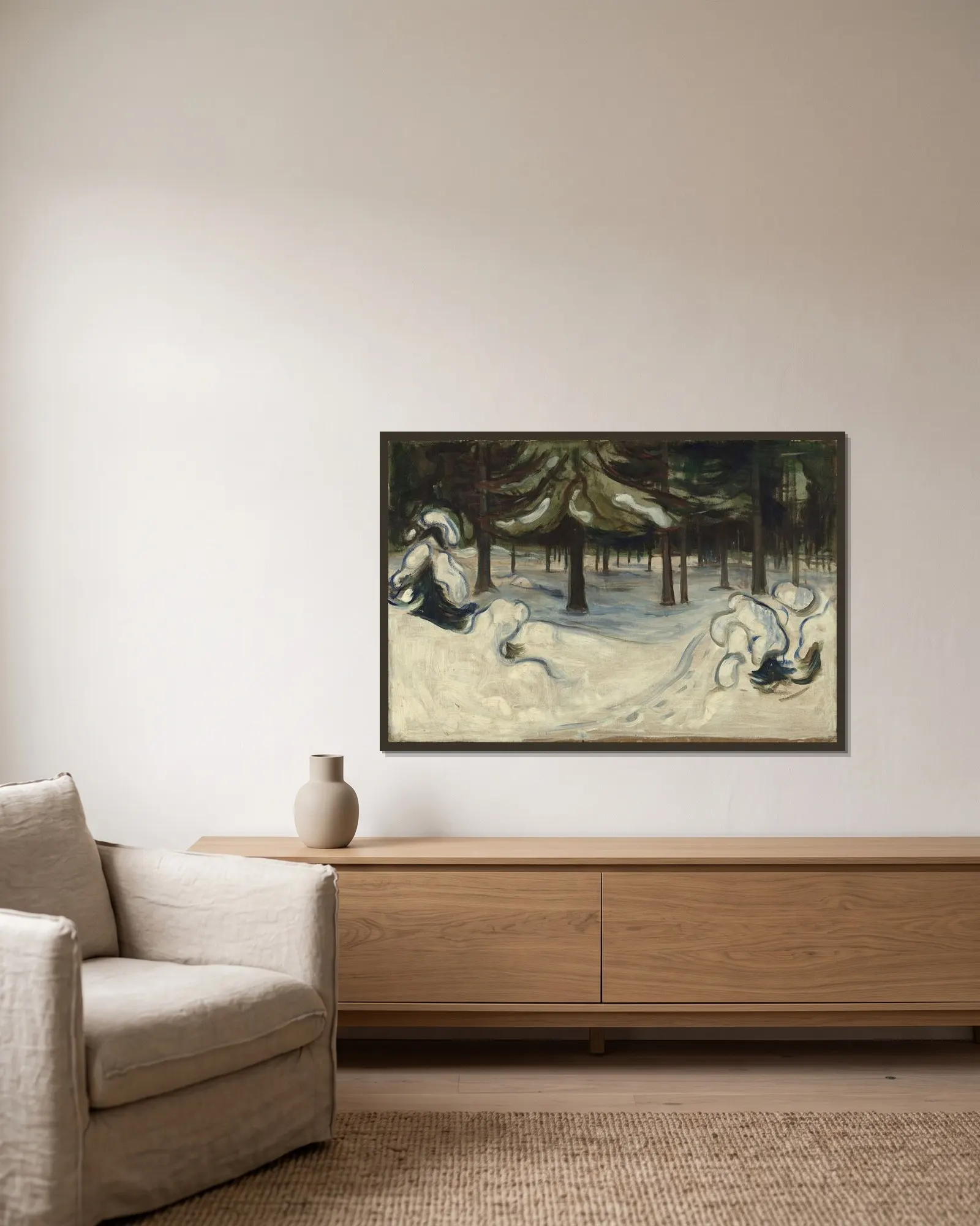 Winter av Edvard Munch inramad på en vägg