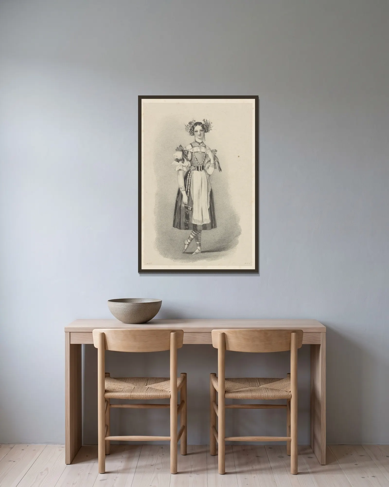 La tirolienne av Alfred Edward Chalon inramad på en vägg