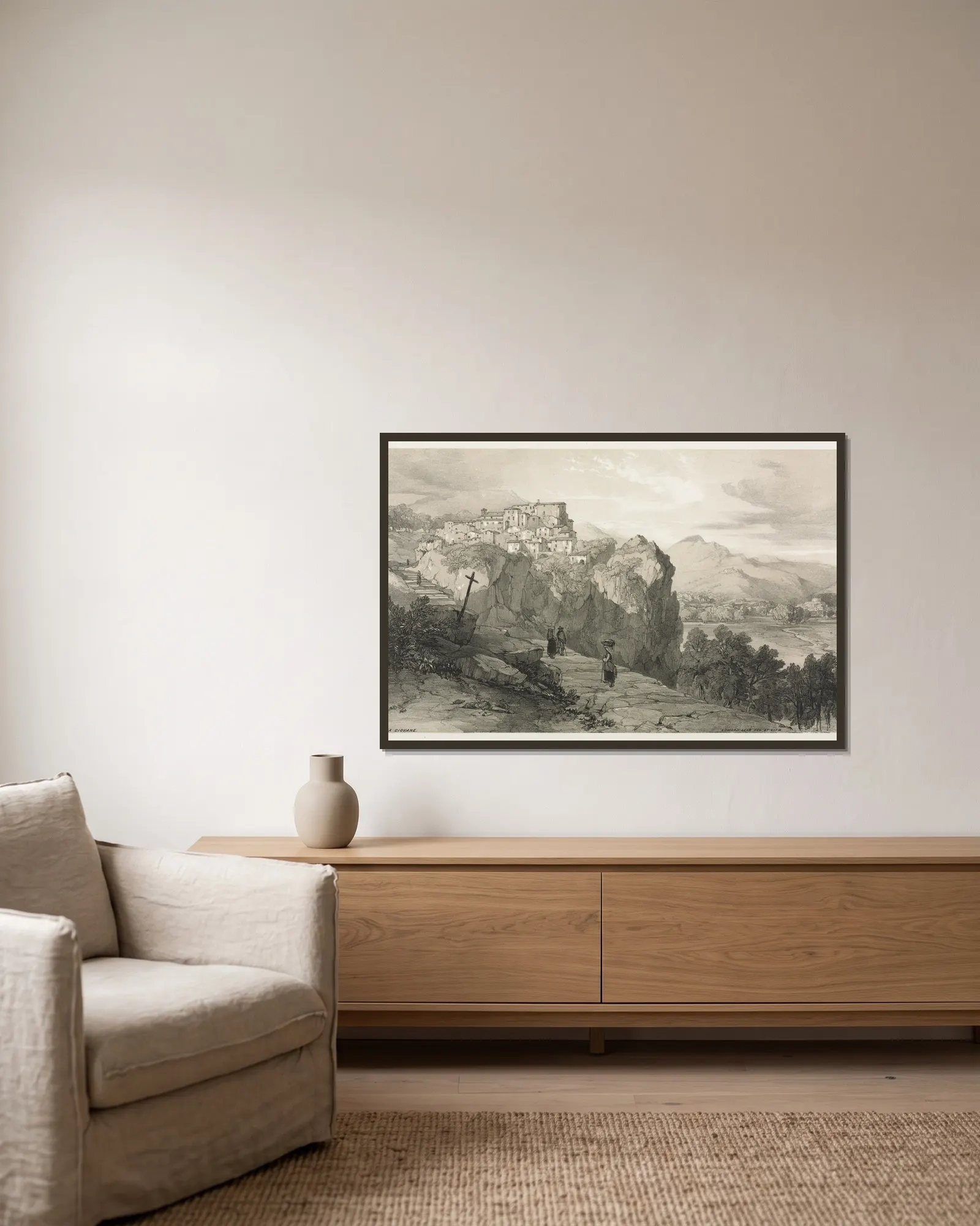 Rocca Giovane av Edward Lear inramad på en vägg
