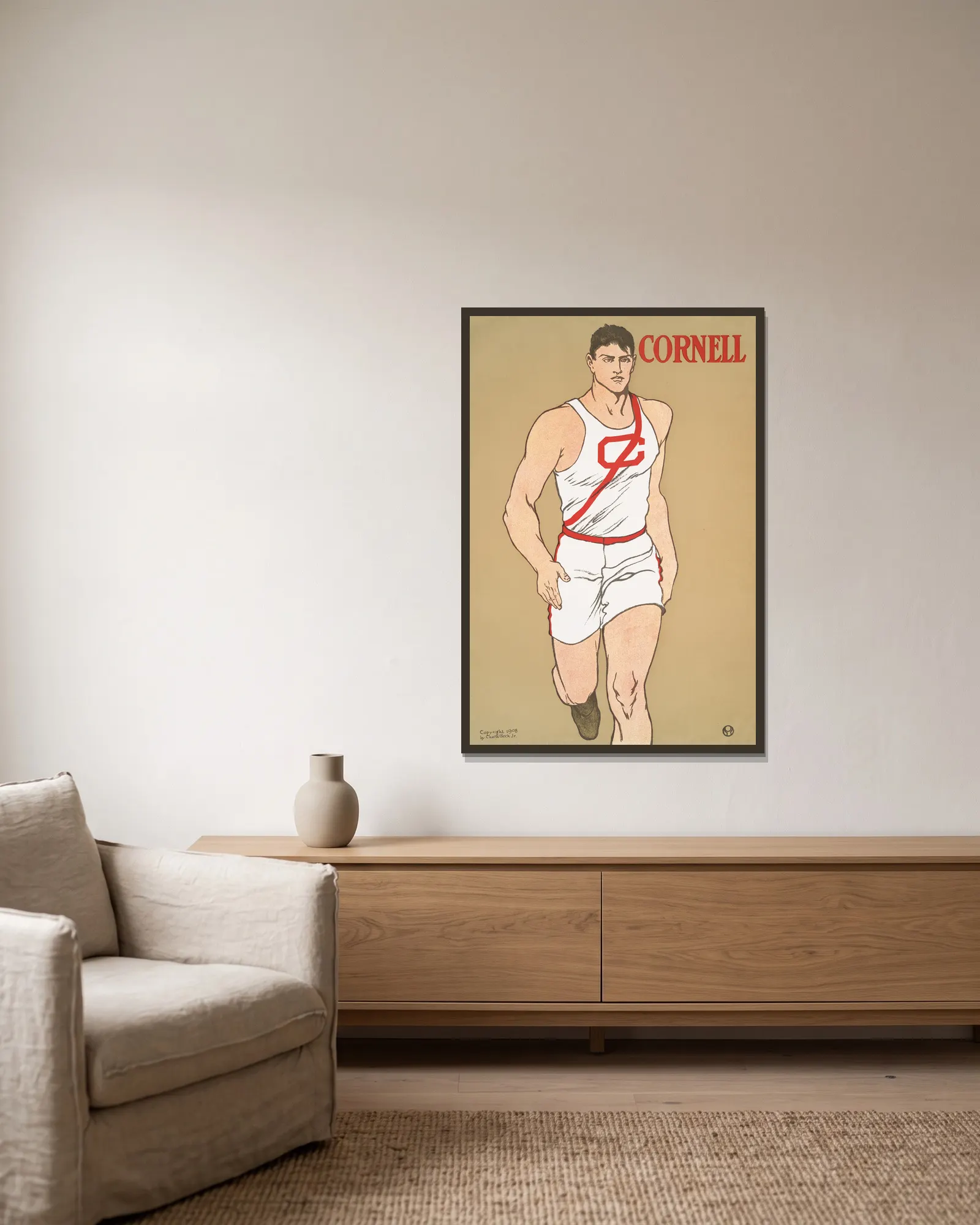 Cornell av Edward Penfield inramad på en vägg