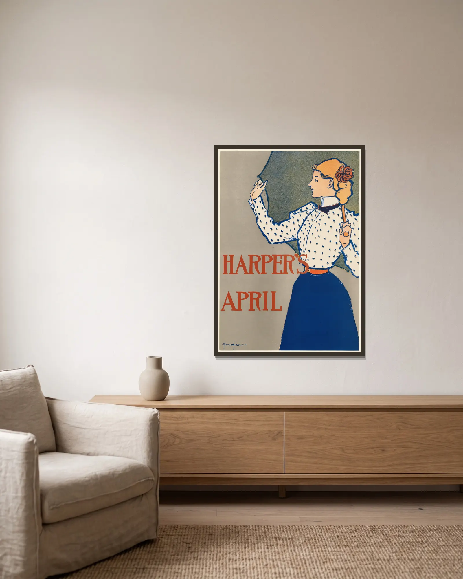 Harper’s April, 1897 av Edward Penfield inramad på en vägg