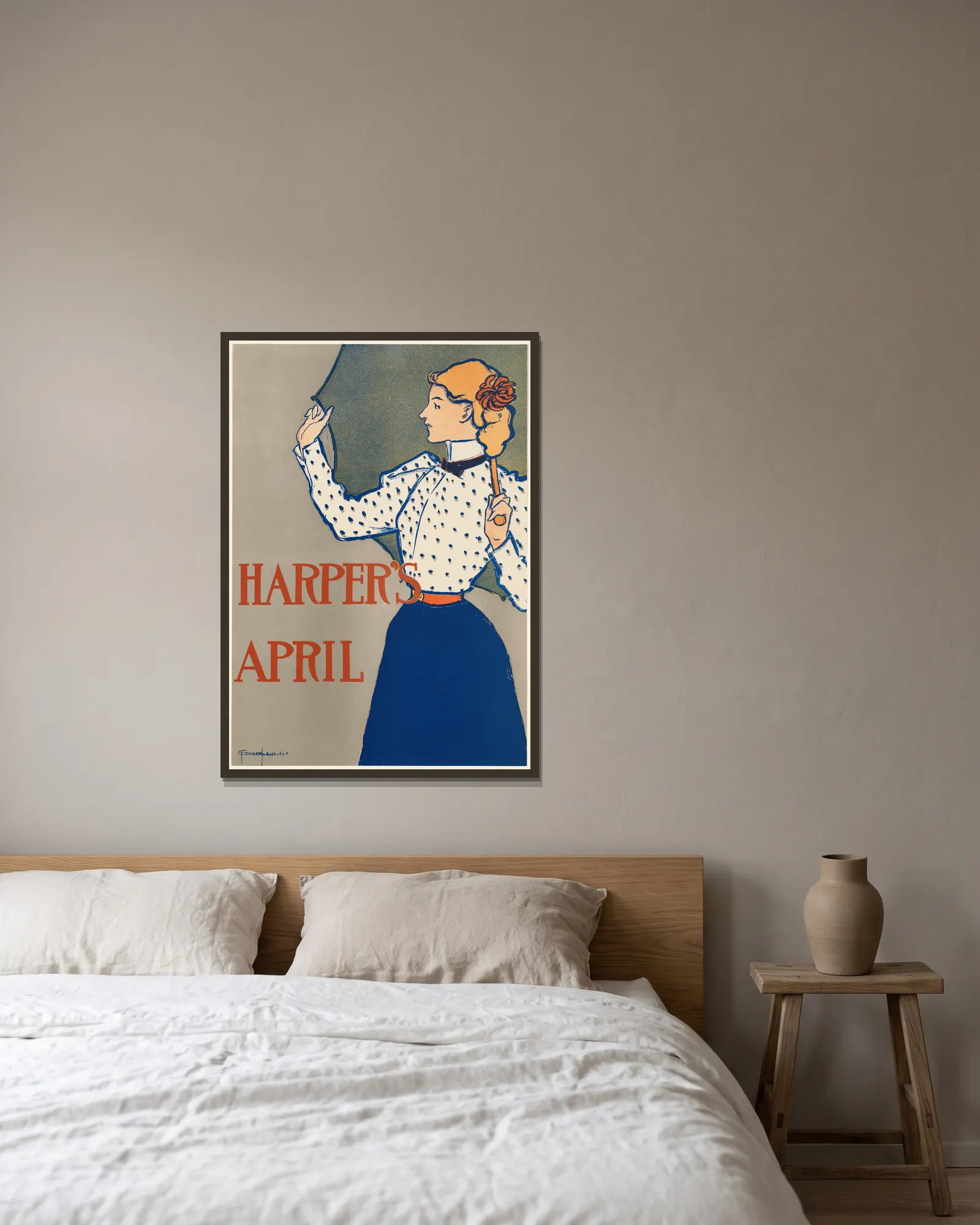 Harper’s April, 1897 av Edward Penfield inramad på en vägg