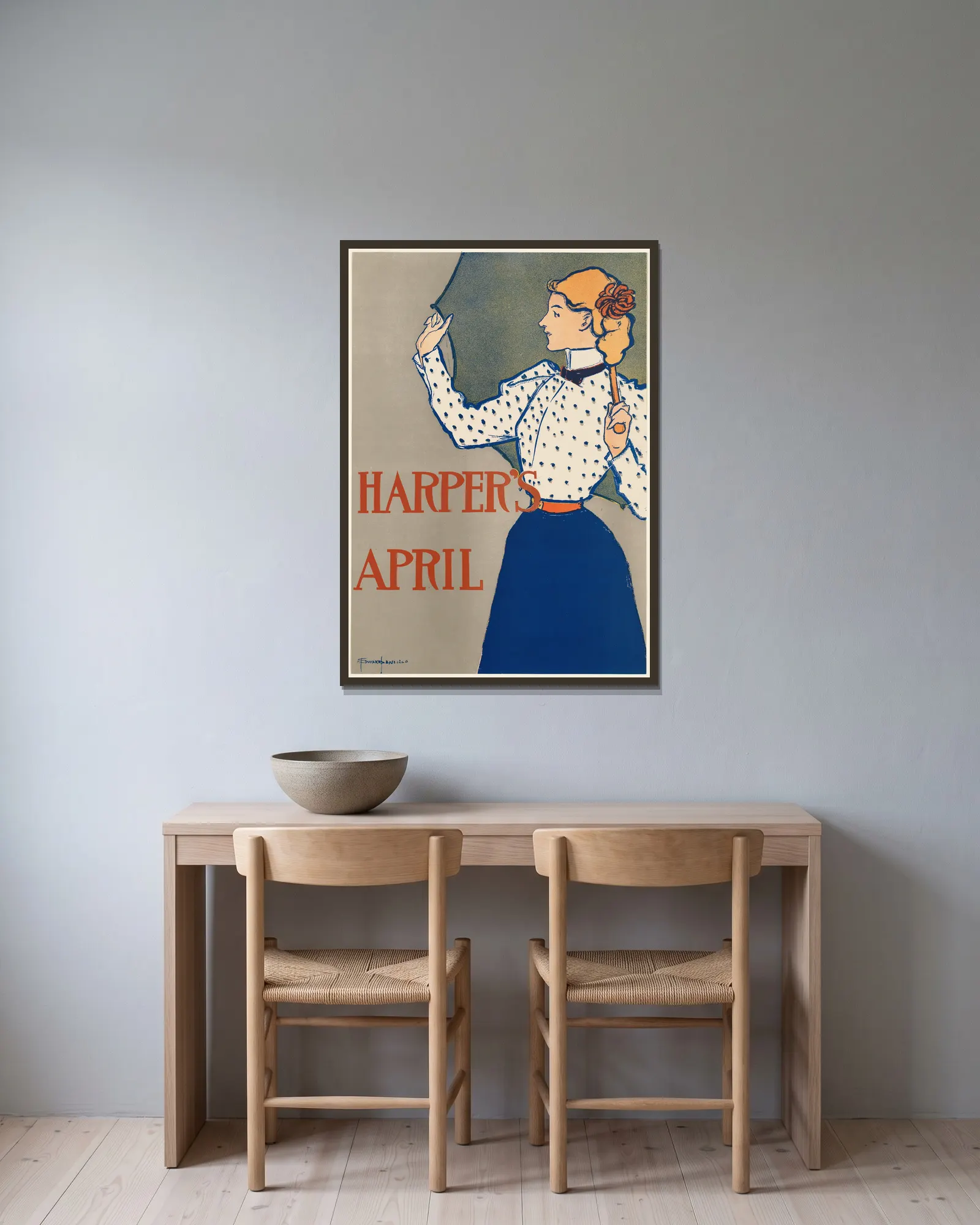 Harper’s April, 1897 av Edward Penfield inramad på en vägg