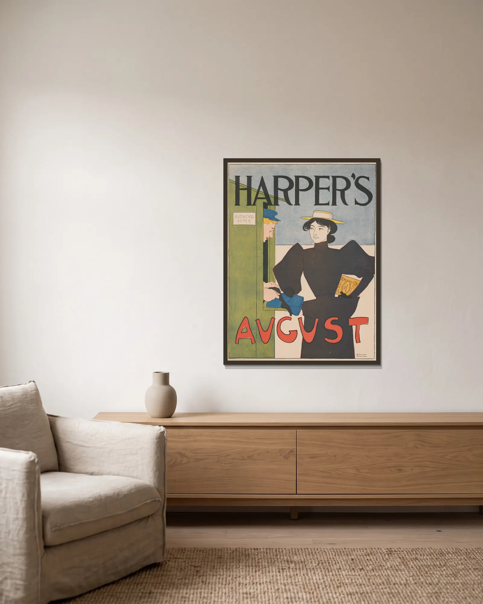 Harper’s August. av Edward Penfield inramad på en vägg