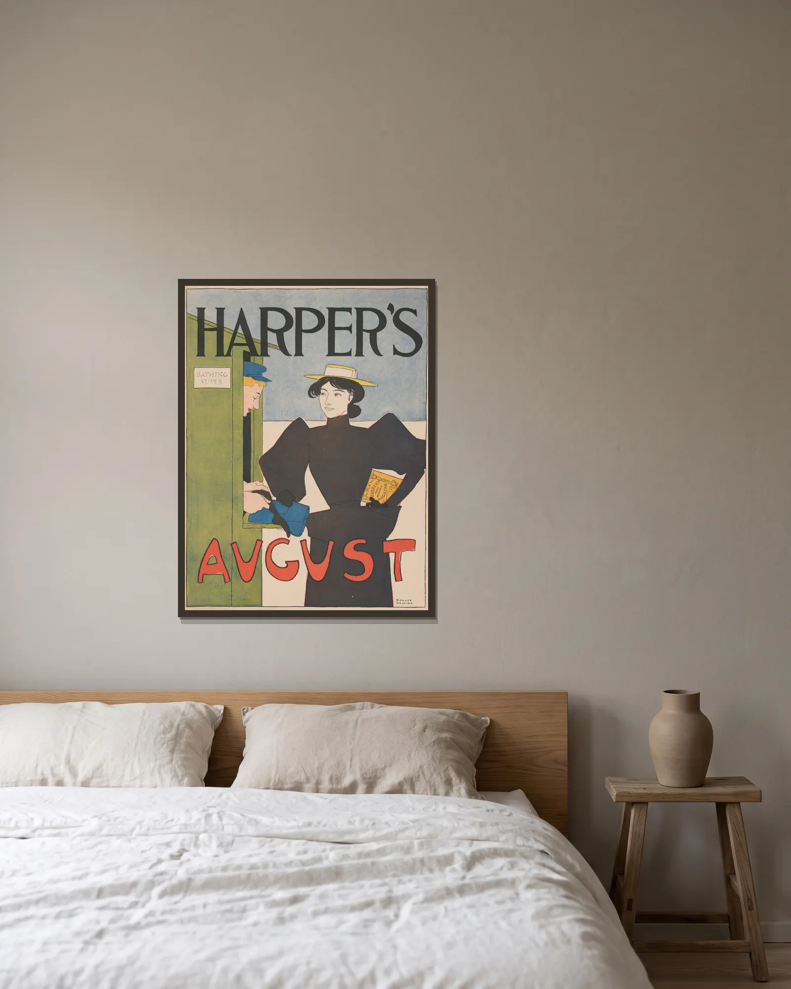 Harper’s August. av Edward Penfield inramad på en vägg