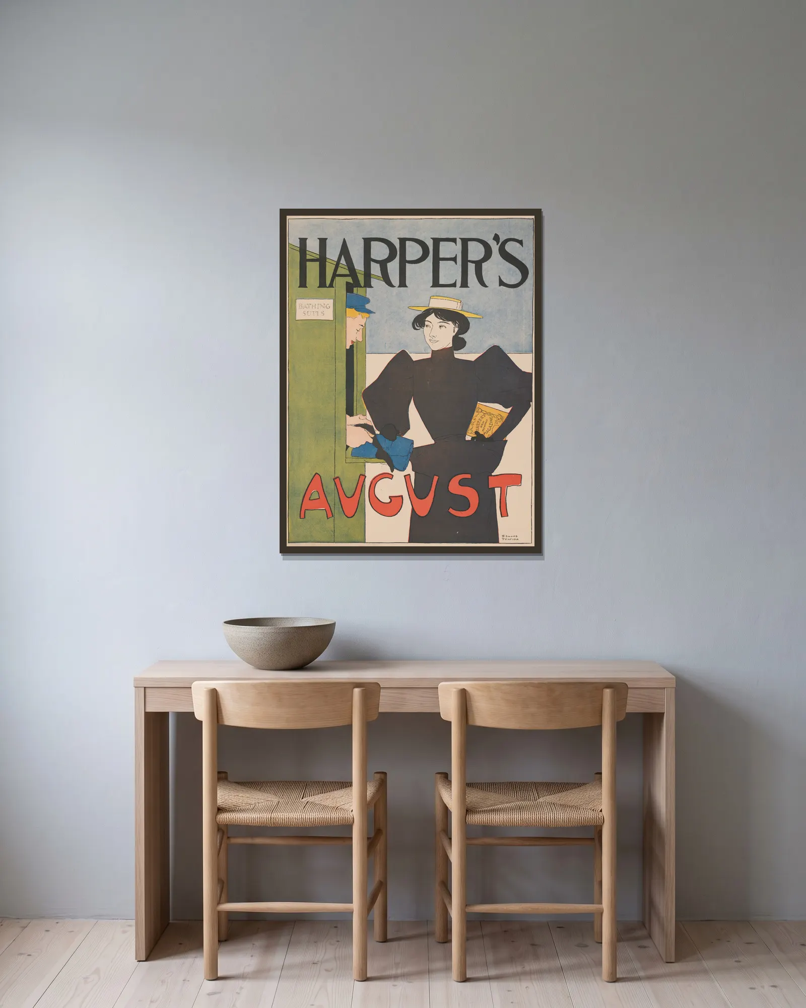 Harper’s August. av Edward Penfield inramad på en vägg