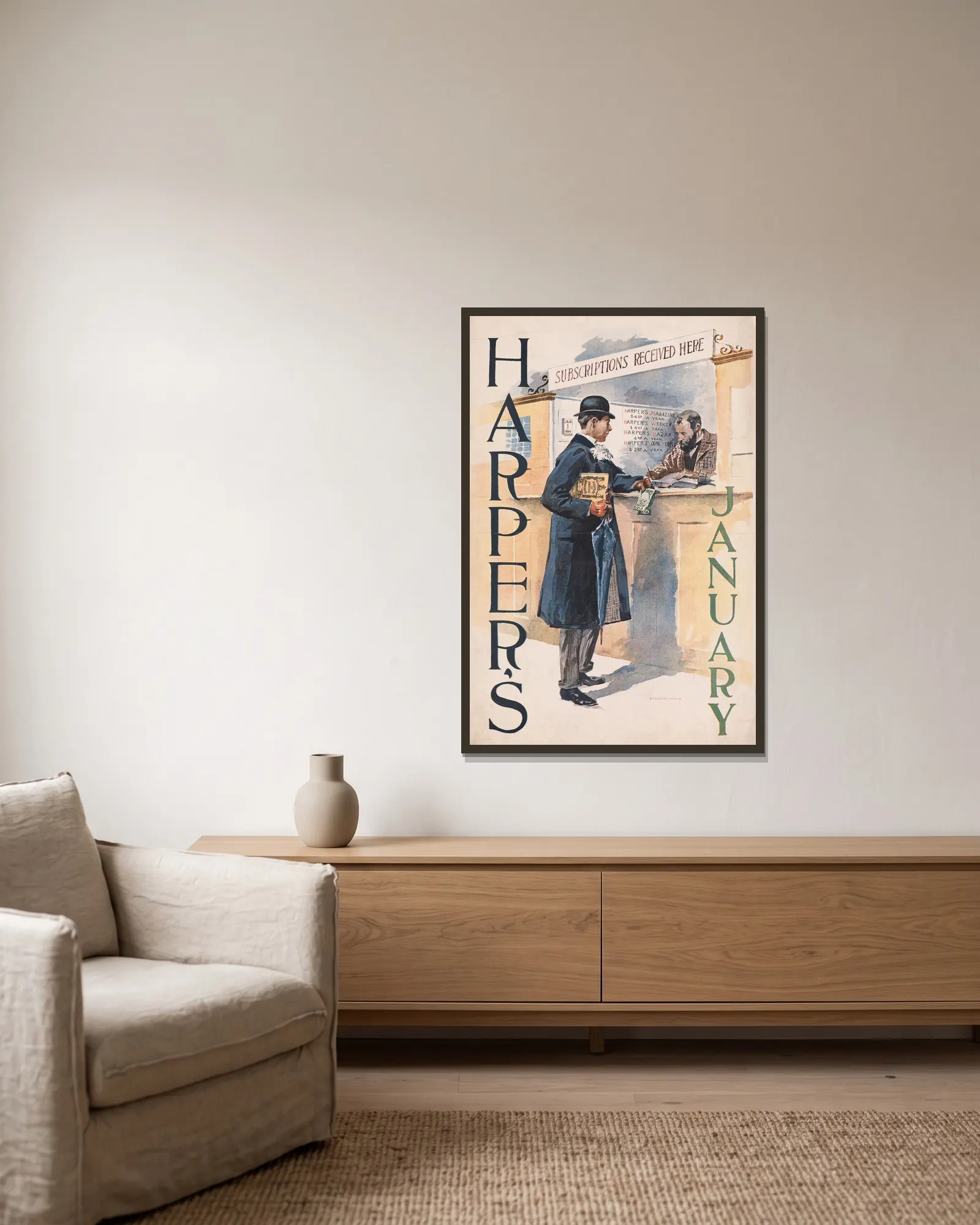 Harper’s January av Edward Penfield inramad på en vägg