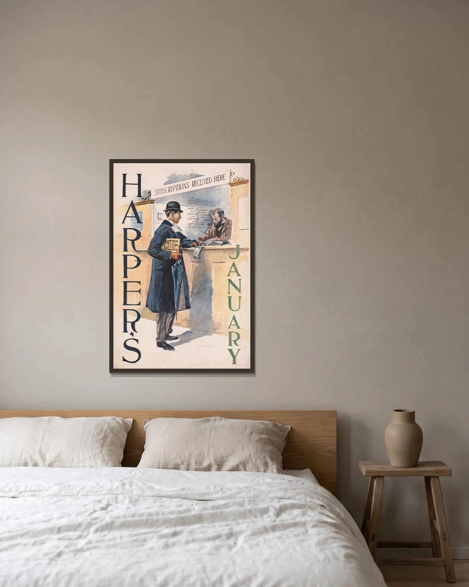 Harper’s January av Edward Penfield inramad på en vägg