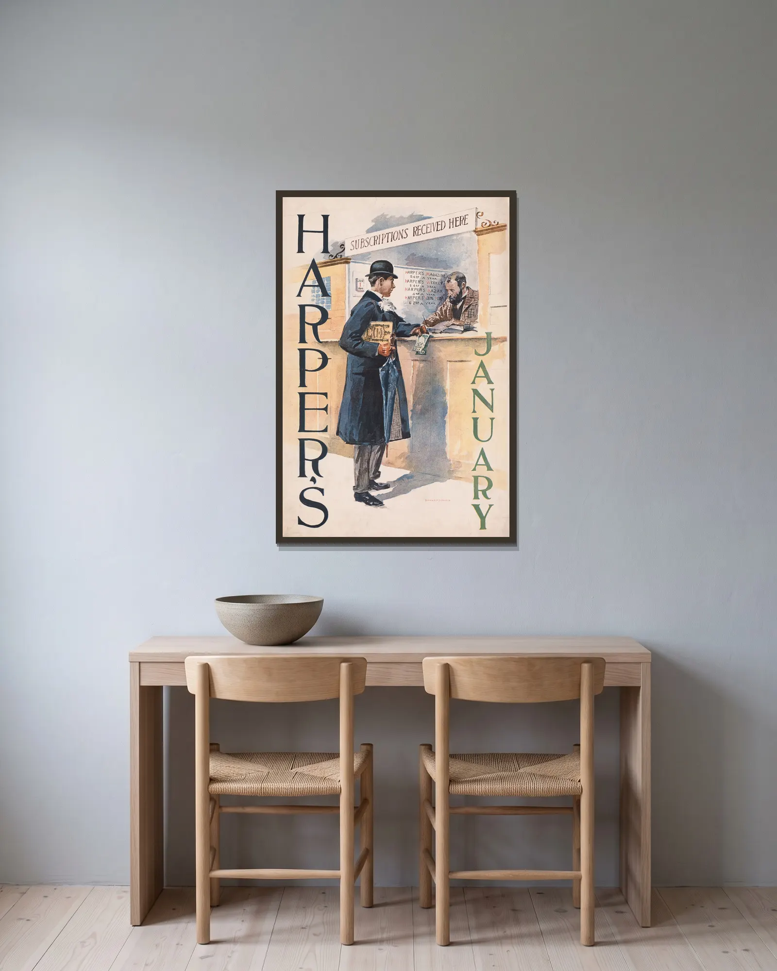 Harper’s January av Edward Penfield inramad på en vägg