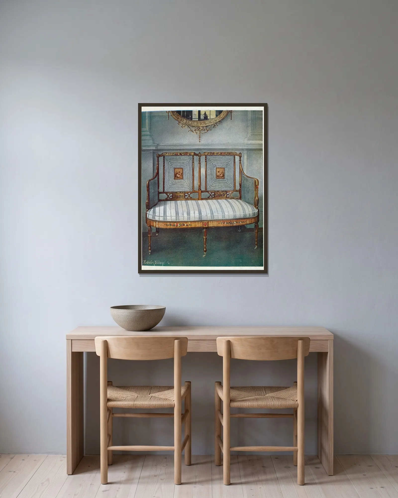 Painted caned satin av Edwin Foley inramad på en vägg