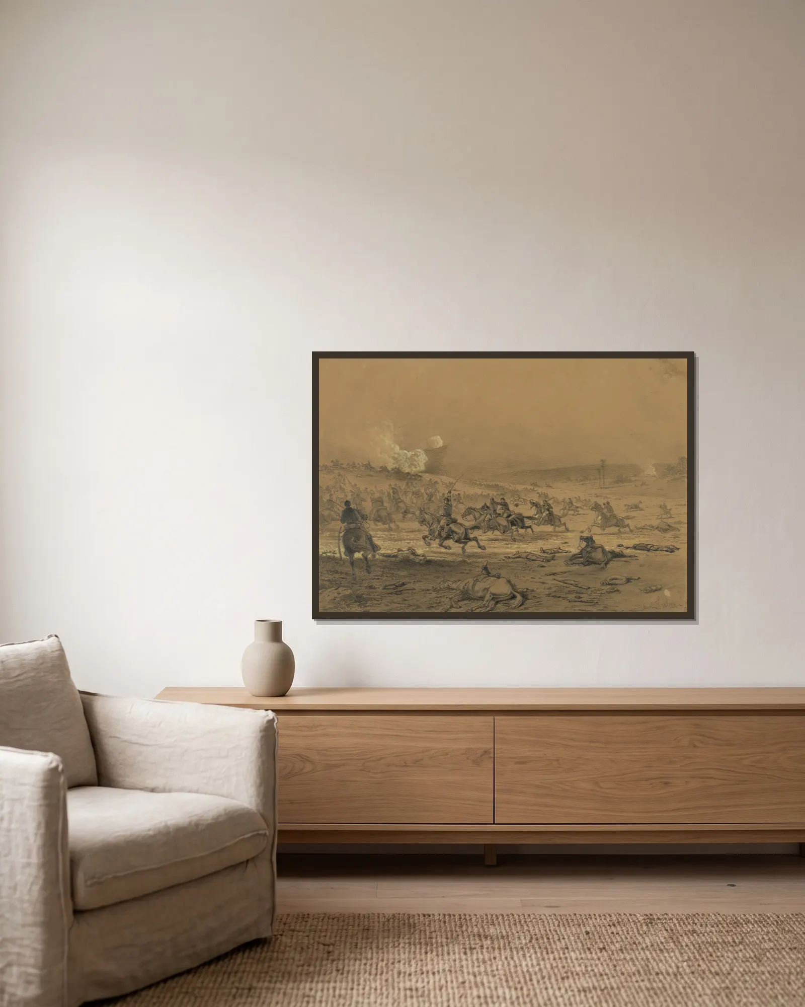 A cavalry charge av Edwin Forbes inramad på en vägg