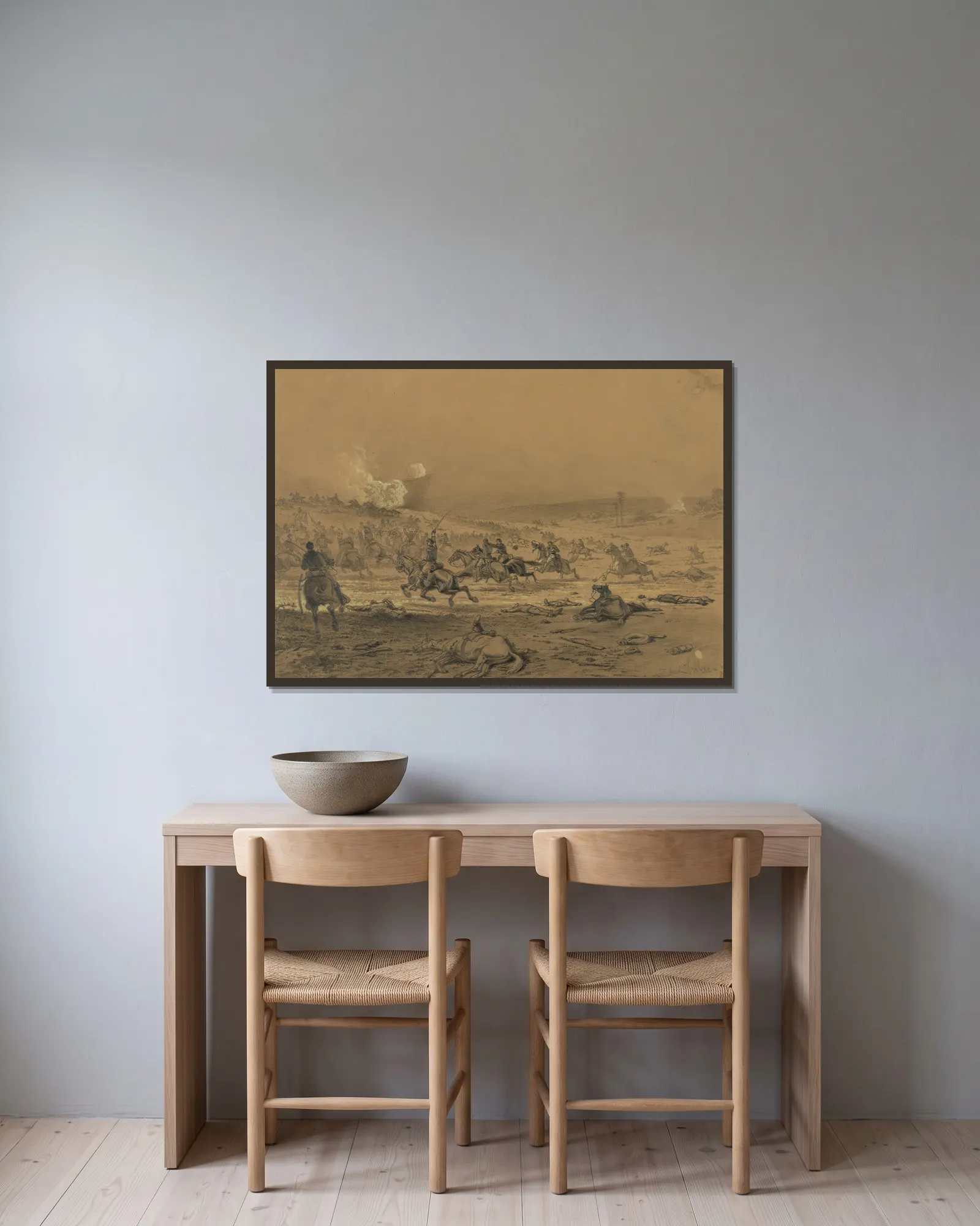 A cavalry charge av Edwin Forbes inramad på en vägg