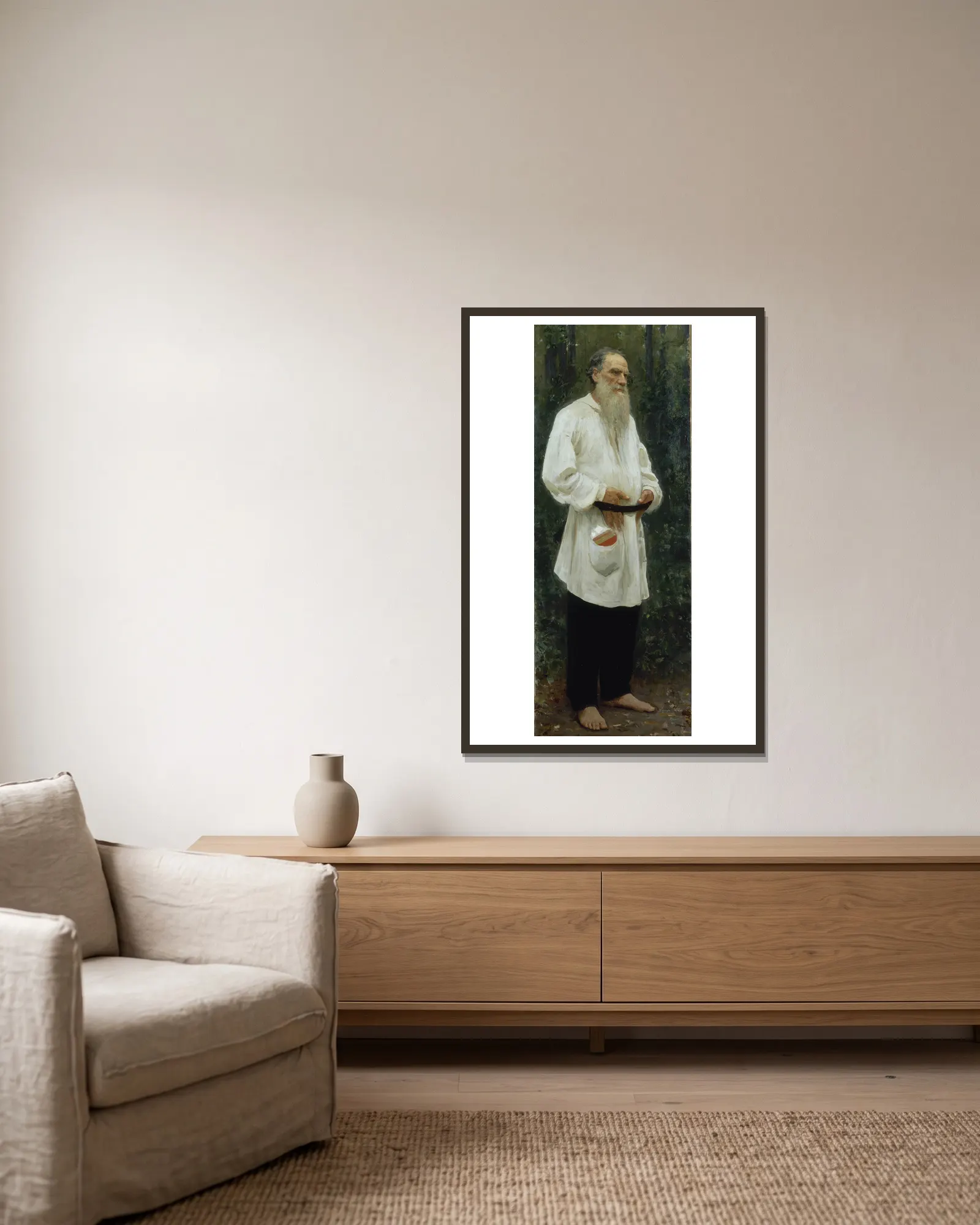 Leo Tolstoy Barefoot av Ilya Efimovich Repin inramad på en vägg