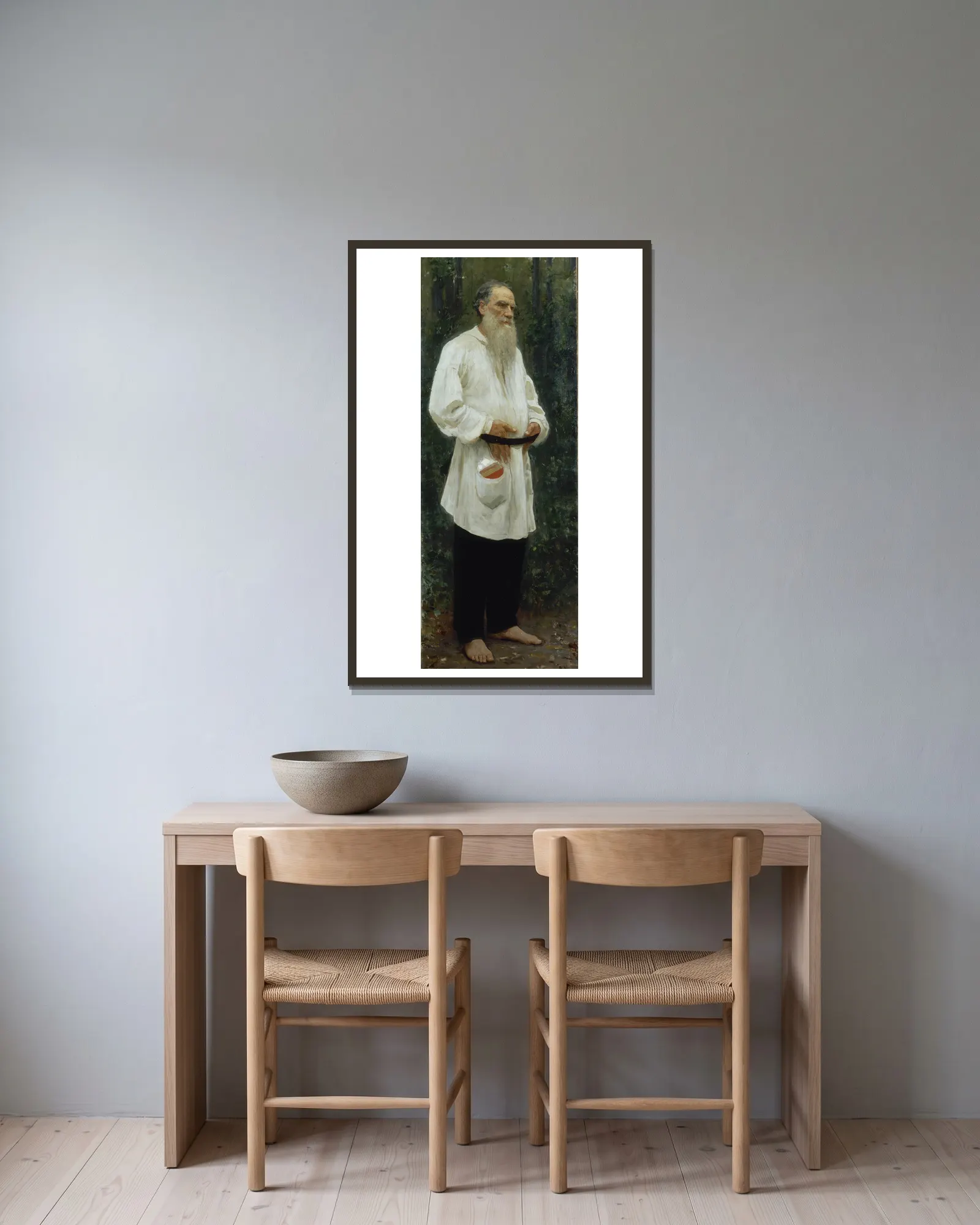 Leo Tolstoy Barefoot av Ilya Efimovich Repin inramad på en vägg
