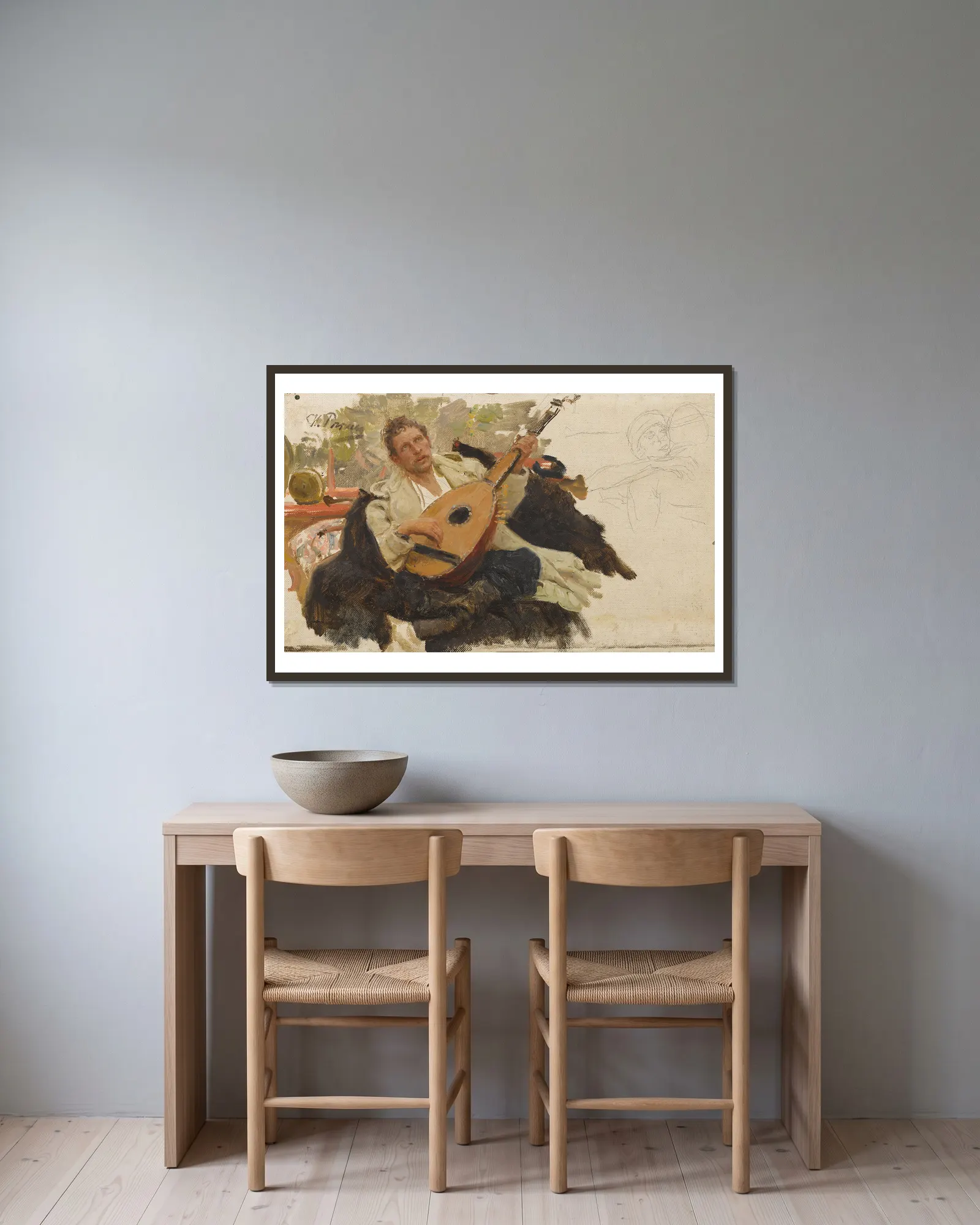 The Musician av Ilya Efimovich Repin inramad på en vägg