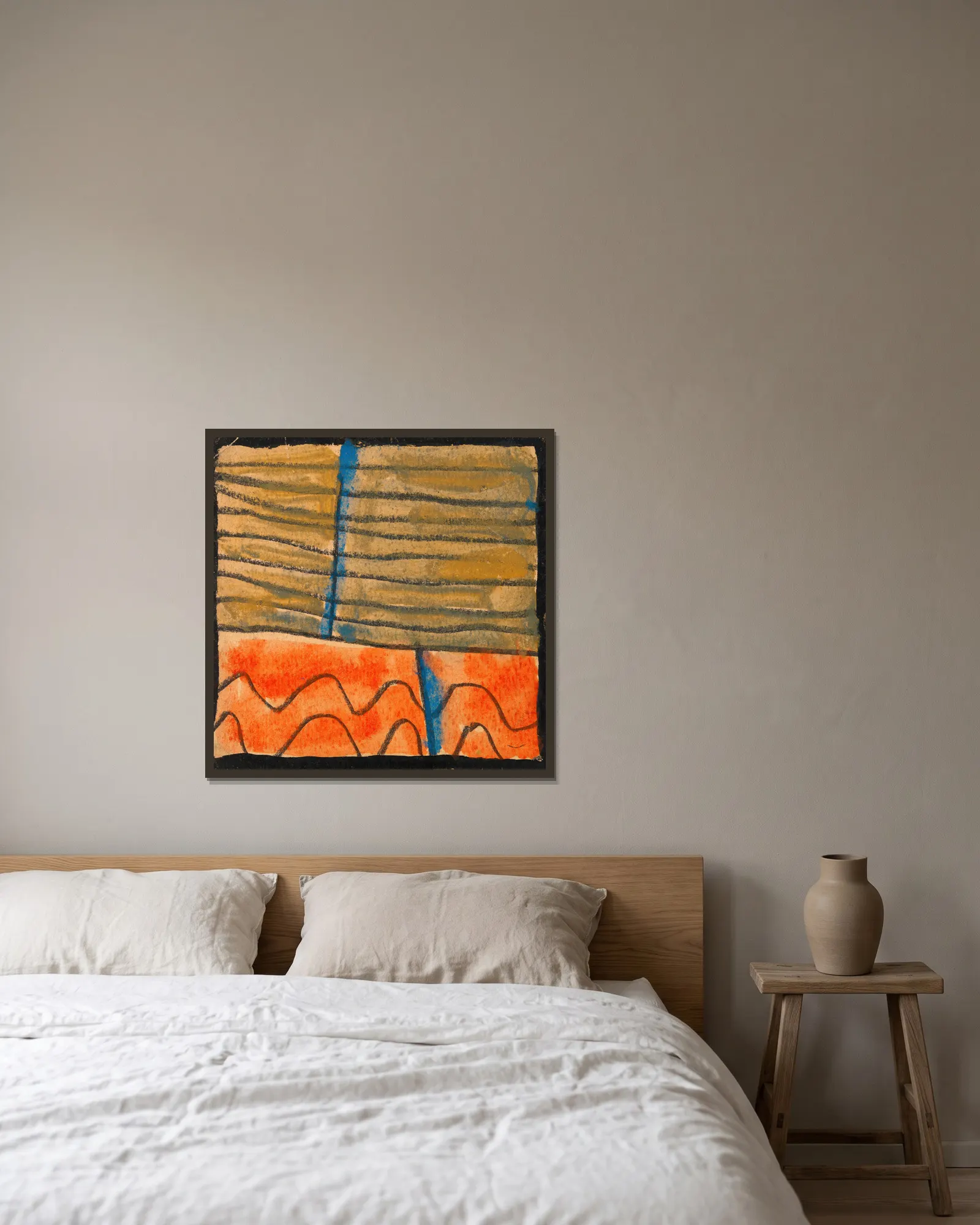 Abstrahierte Landschaft av Egon Schiele inramad på en vägg