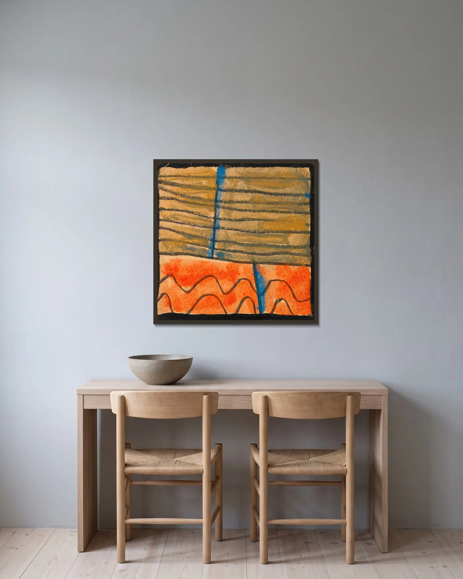 Abstrahierte Landschaft av Egon Schiele inramad på en vägg