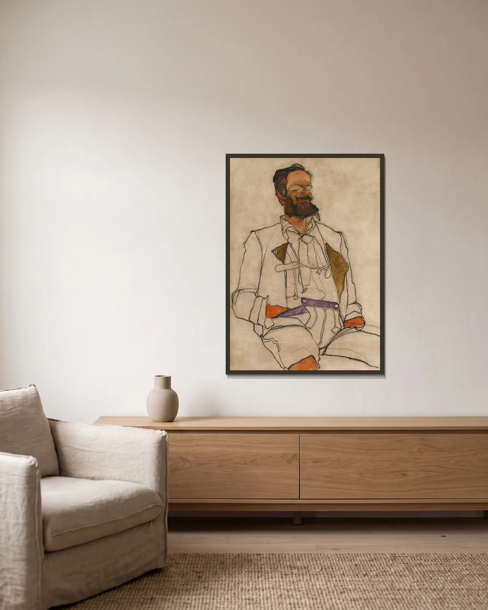Bildnis eines Herren (Carl Reininghaus) av Egon Schiele inramad på en vägg