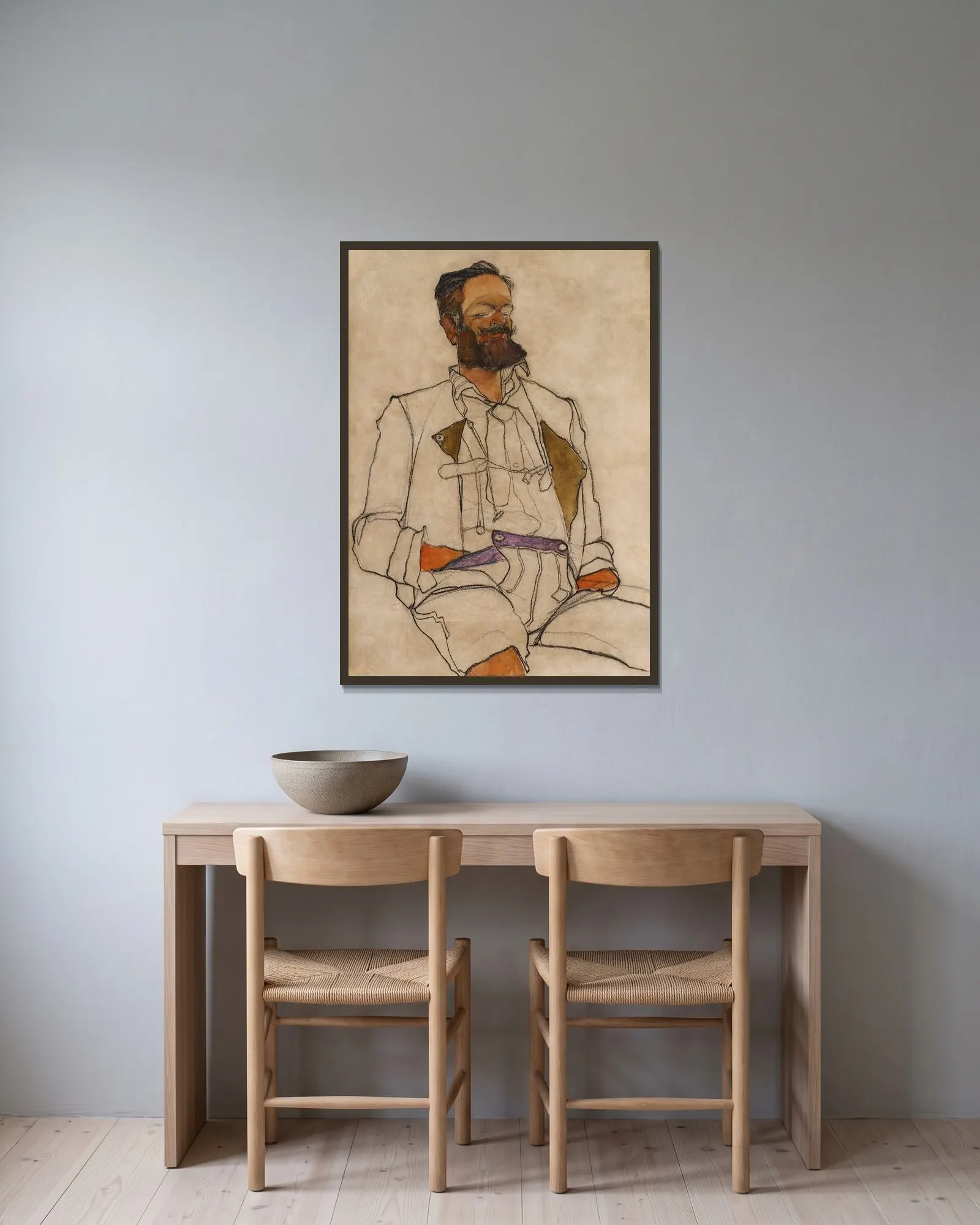 Bildnis eines Herren (Carl Reininghaus) av Egon Schiele inramad på en vägg