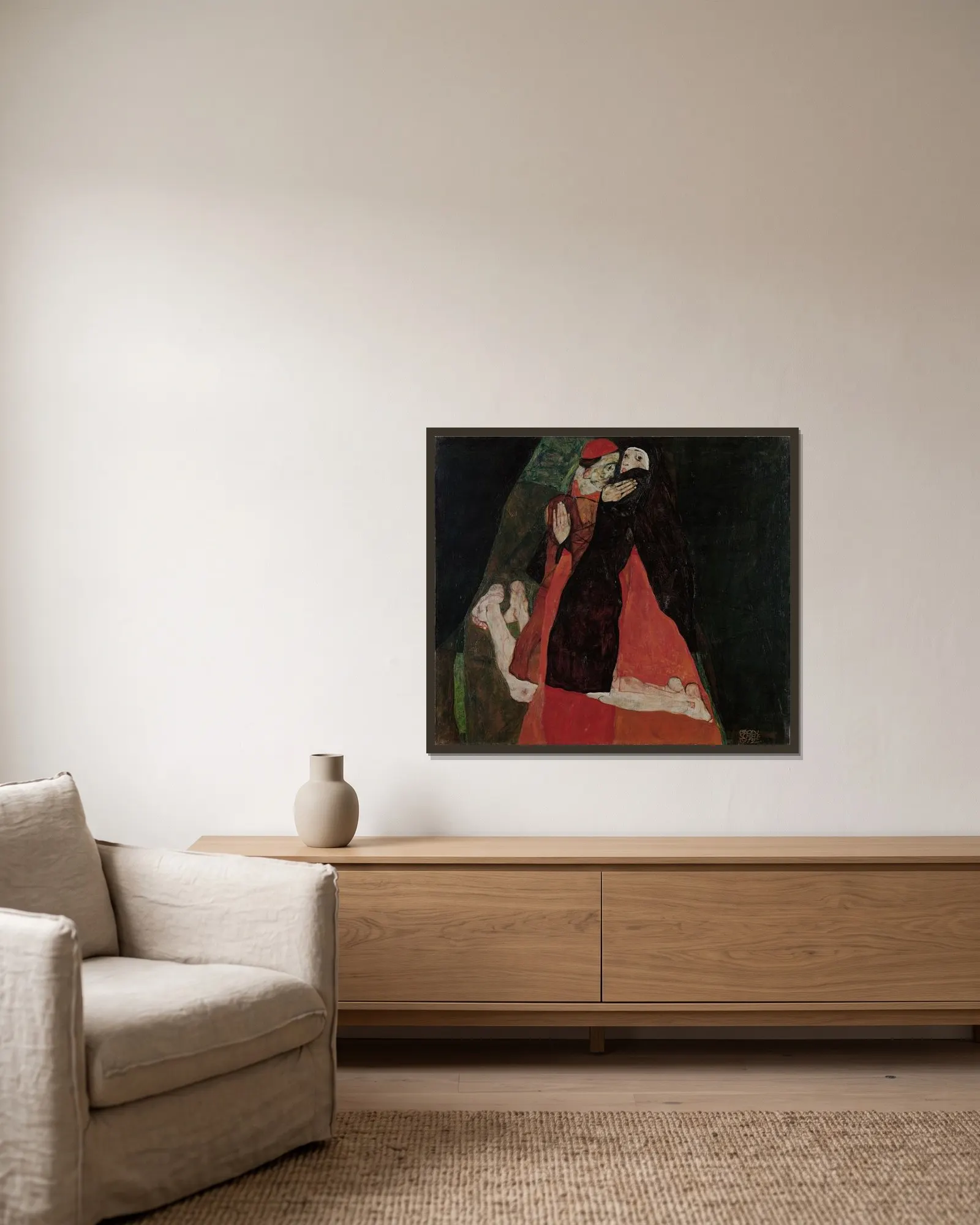 Cardinal and Nun (Caress) av Egon Schiele inramad på en vägg