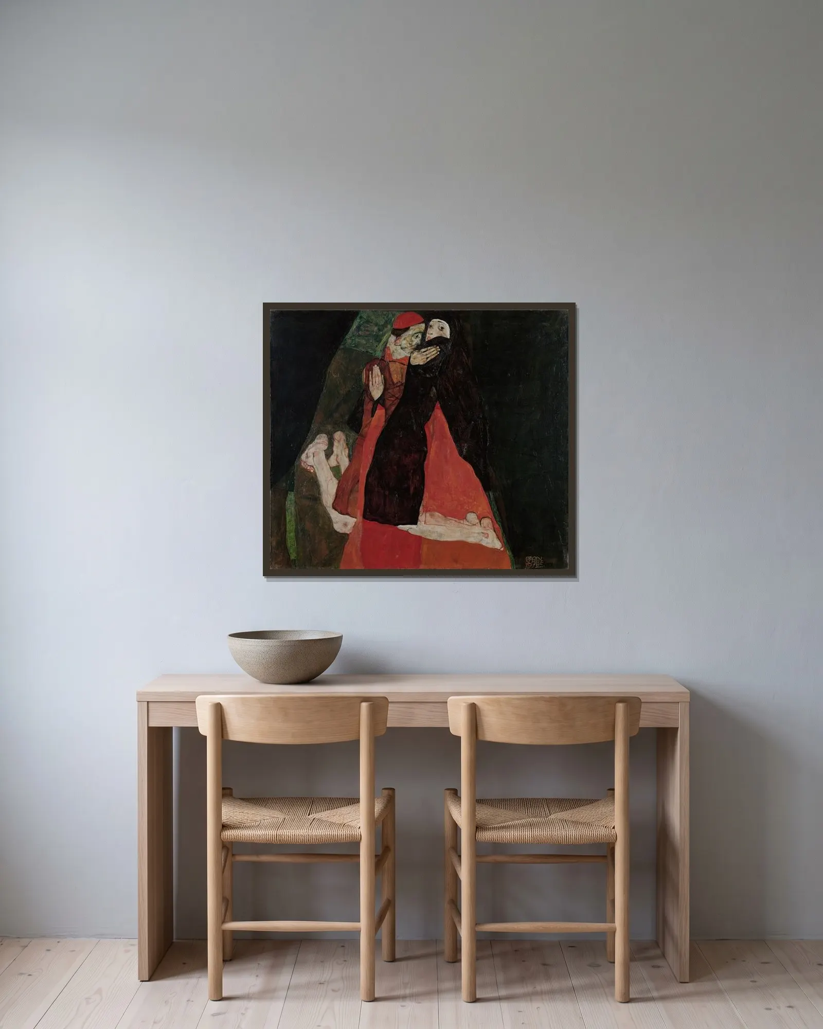 Cardinal and Nun (Caress) av Egon Schiele inramad på en vägg