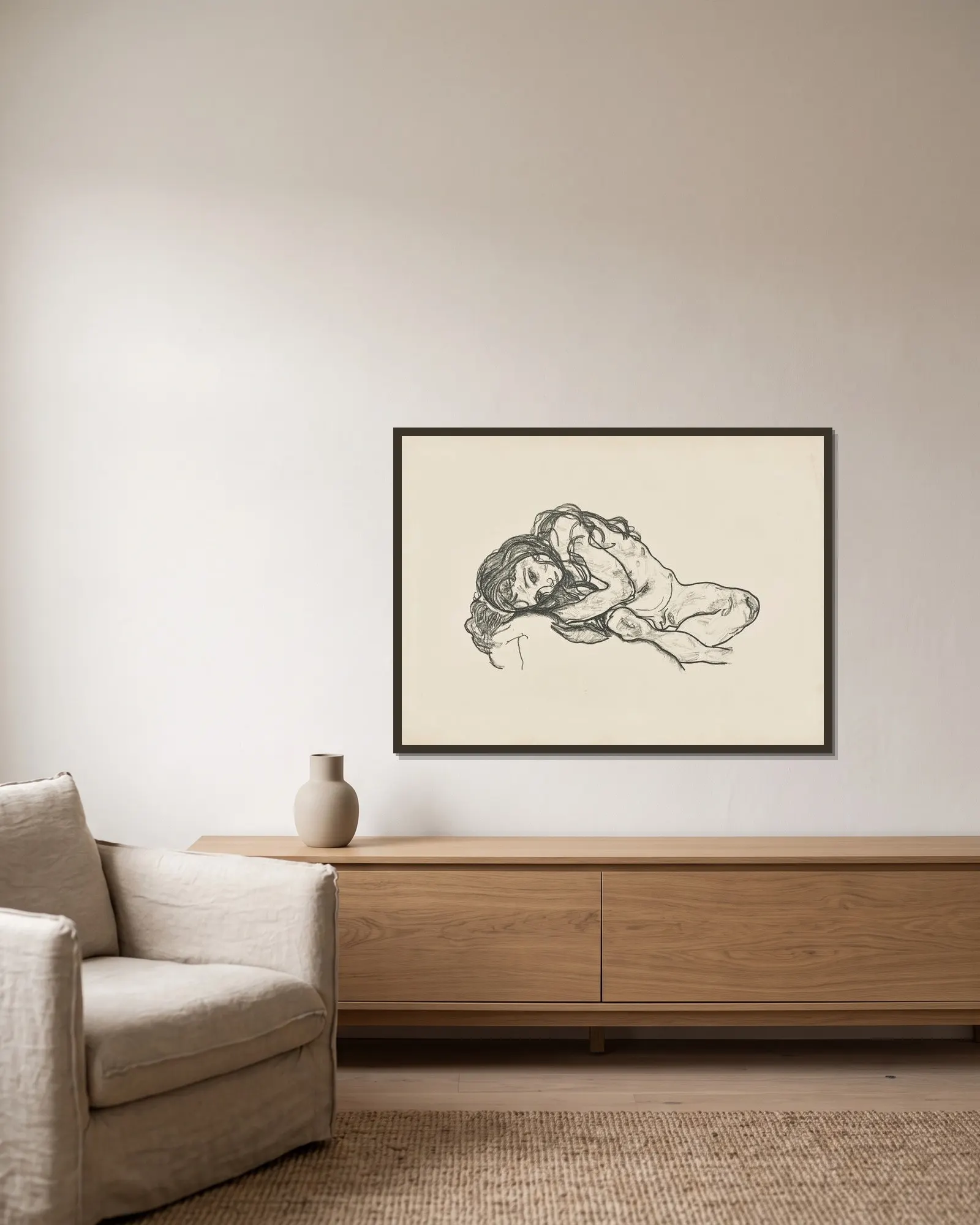 Girl (Mädchen) av Egon Schiele inramad på en vägg