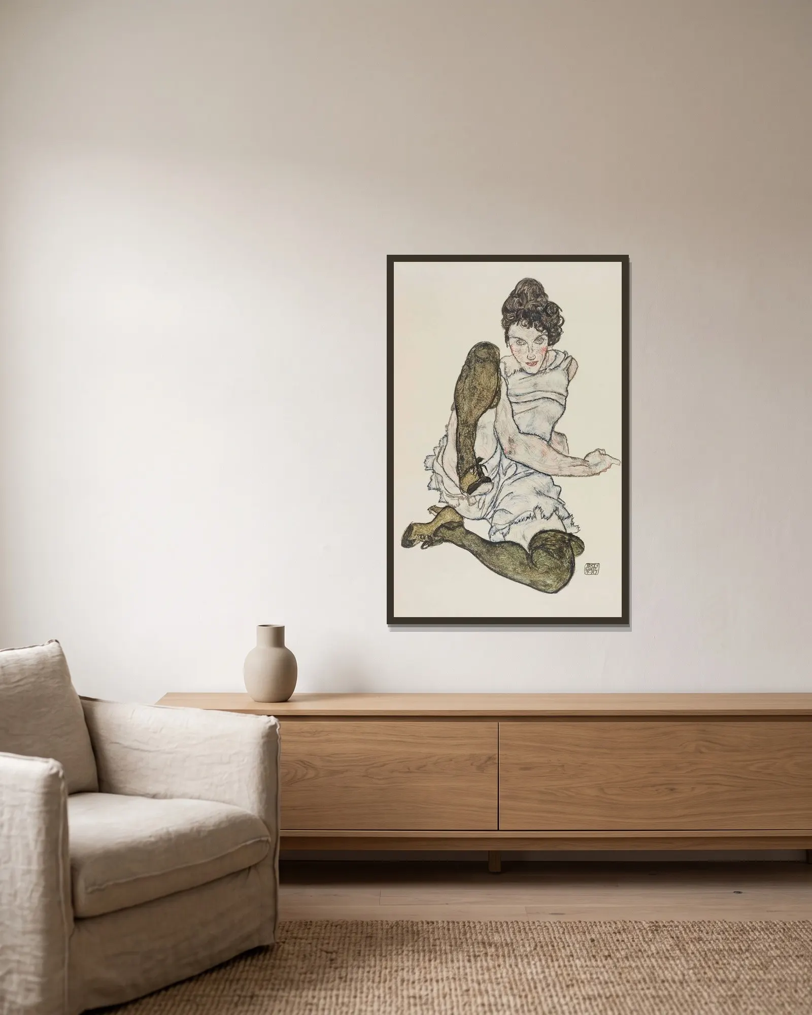 Handzeichnungen av Egon Schiele inramad på en vägg