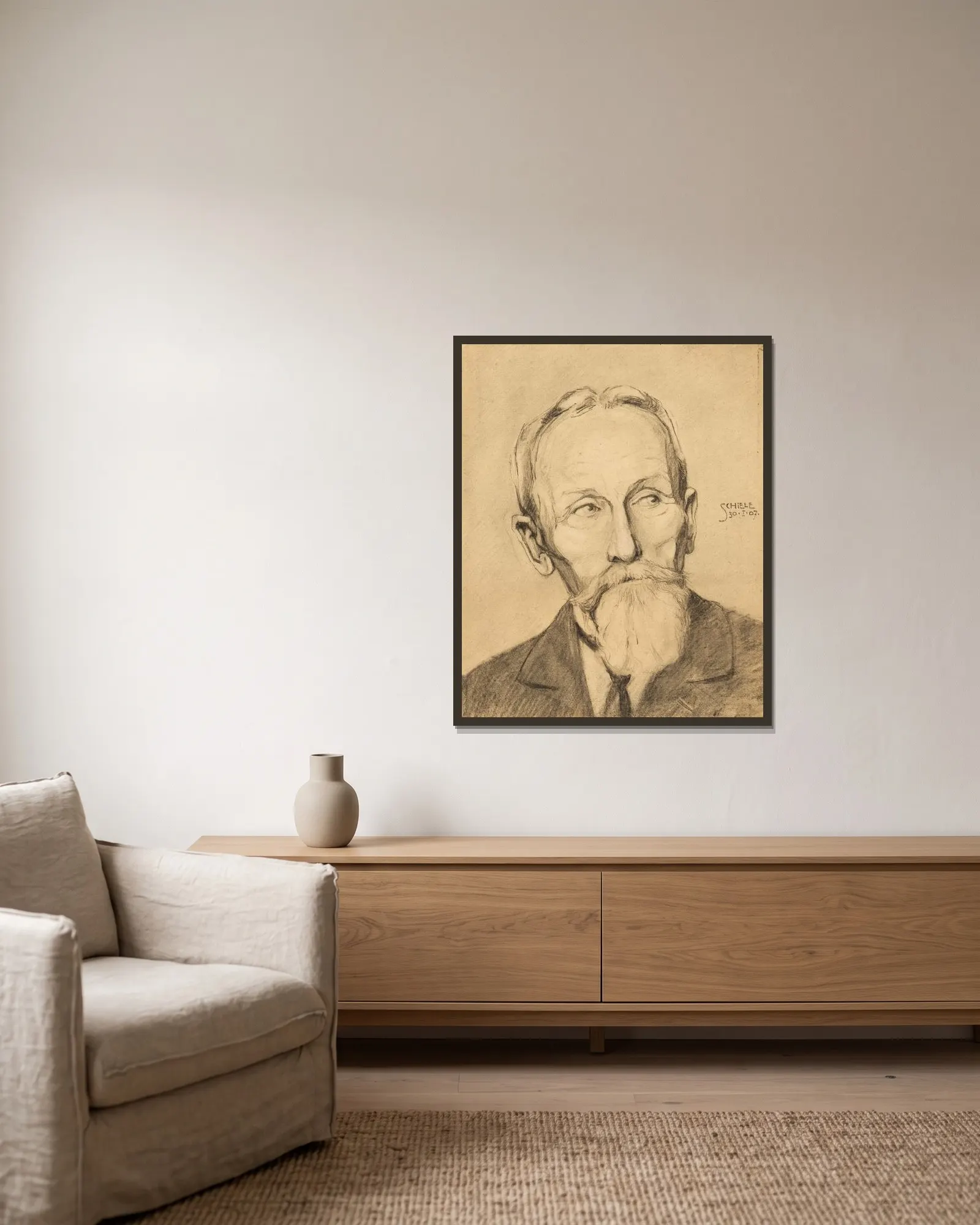 Herrenporträt mit Vollbart av Egon Schiele inramad på en vägg