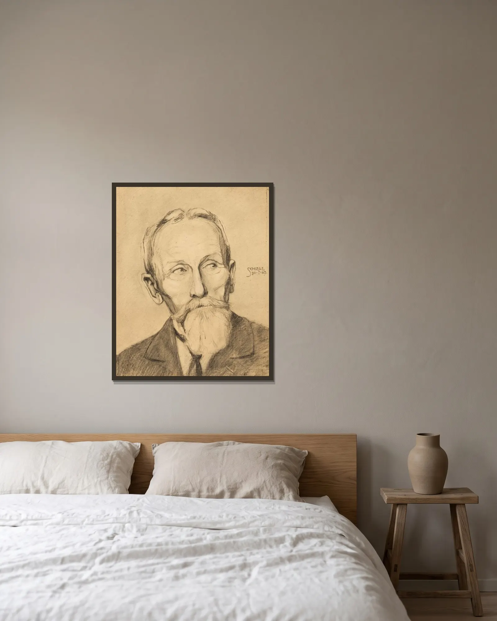 Herrenporträt mit Vollbart av Egon Schiele inramad på en vägg