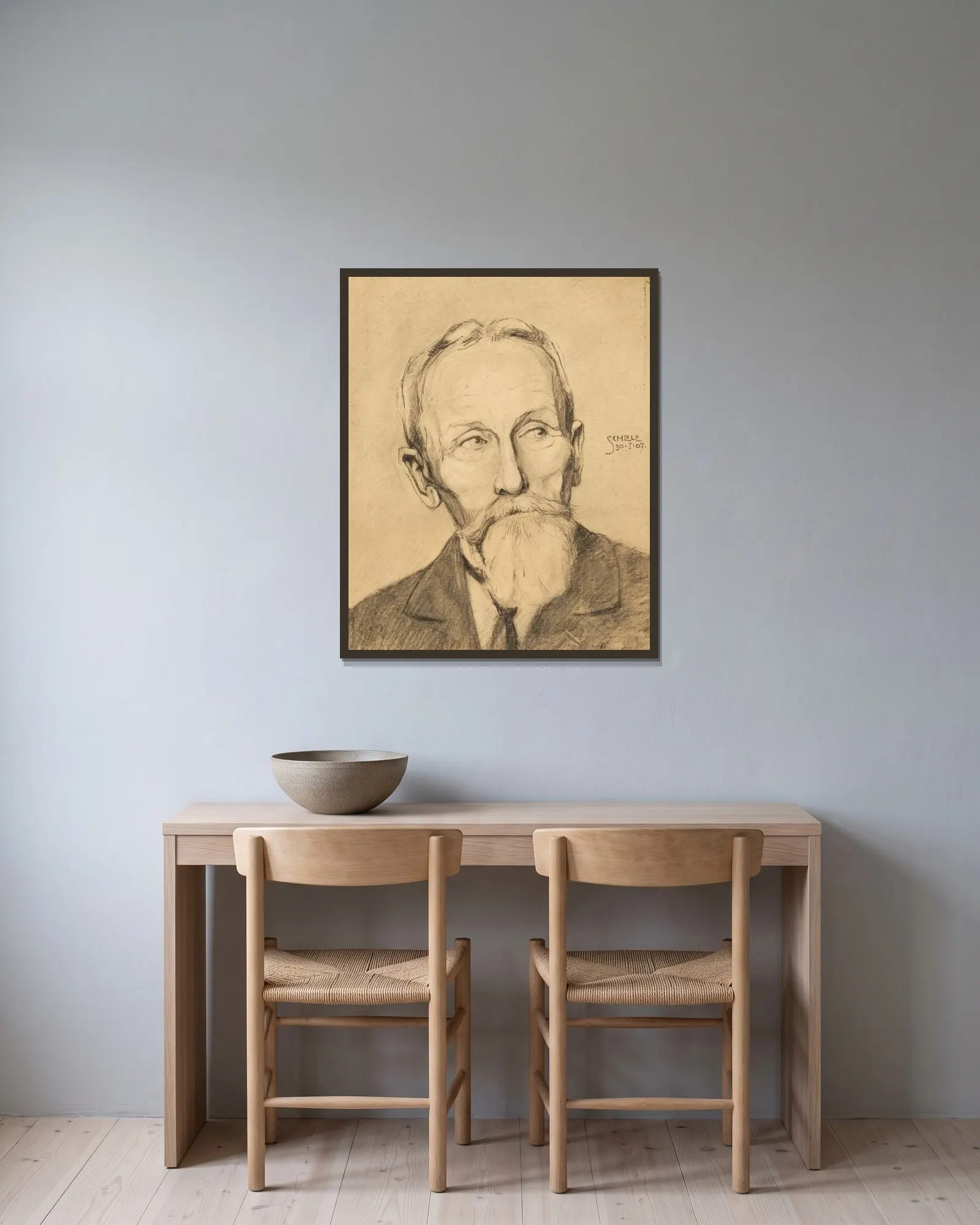 Herrenporträt mit Vollbart av Egon Schiele inramad på en vägg