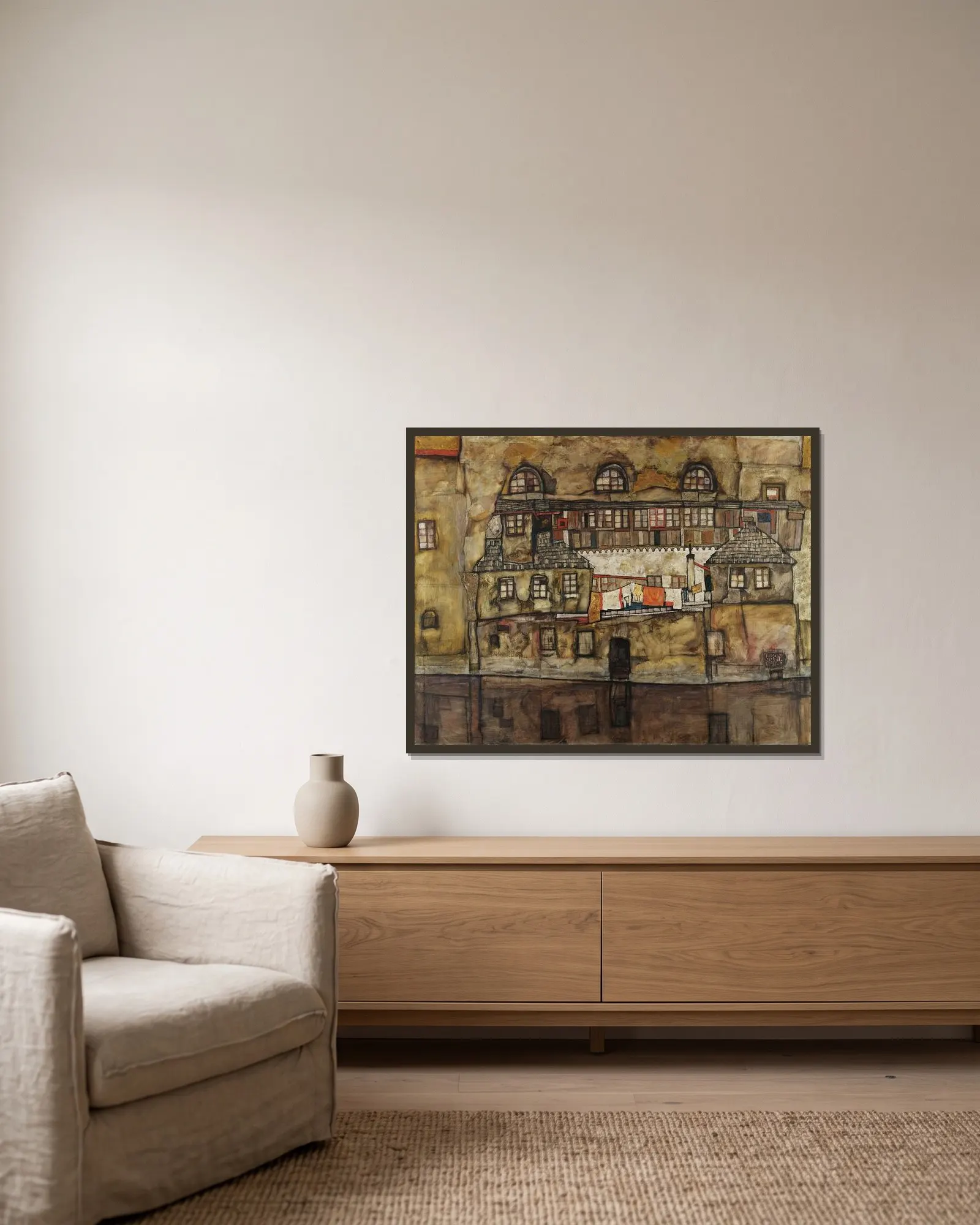 House Wall on the River av Egon Schiele inramad på en vägg