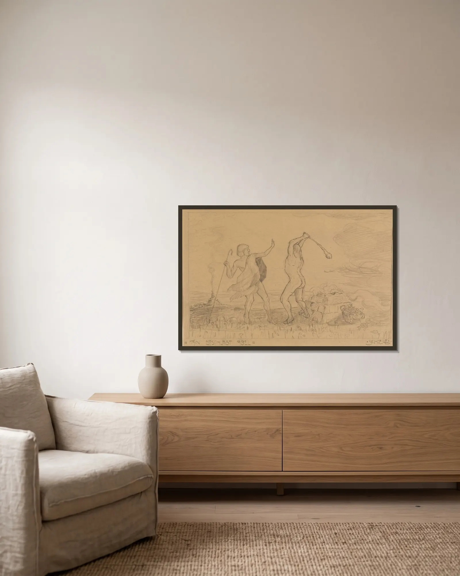 Kain erschlägt Abel av Egon Schiele inramad på en vägg