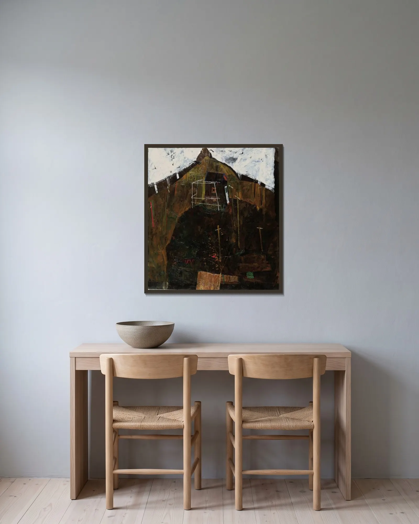Landscape with raven av Egon Schiele inramad på en vägg