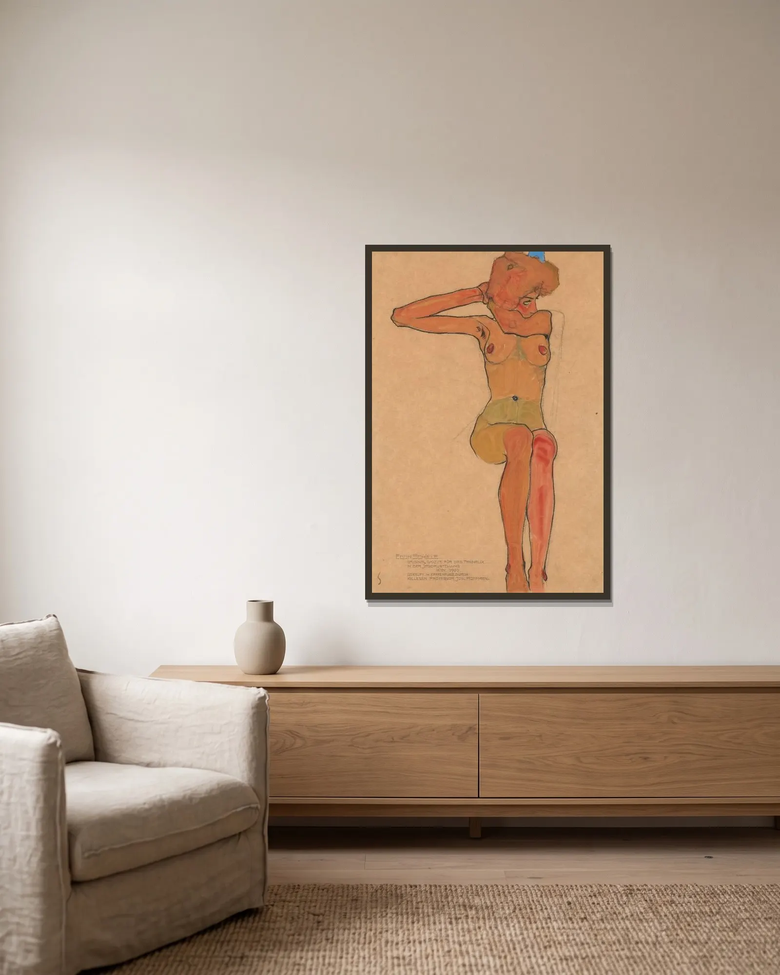 Mädchenakt (Gertrude) av Egon Schiele inramad på en vägg